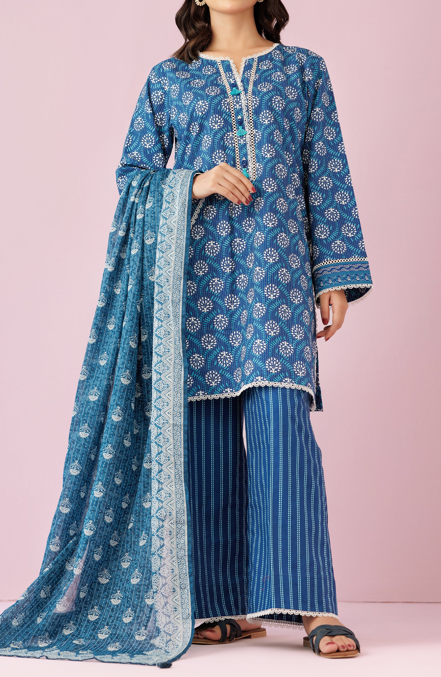 Stitched 3 Piece Printed Lawn Shirt , Cambric Pant and Lawn Dupatta (OTL-24-374/S BLUE)