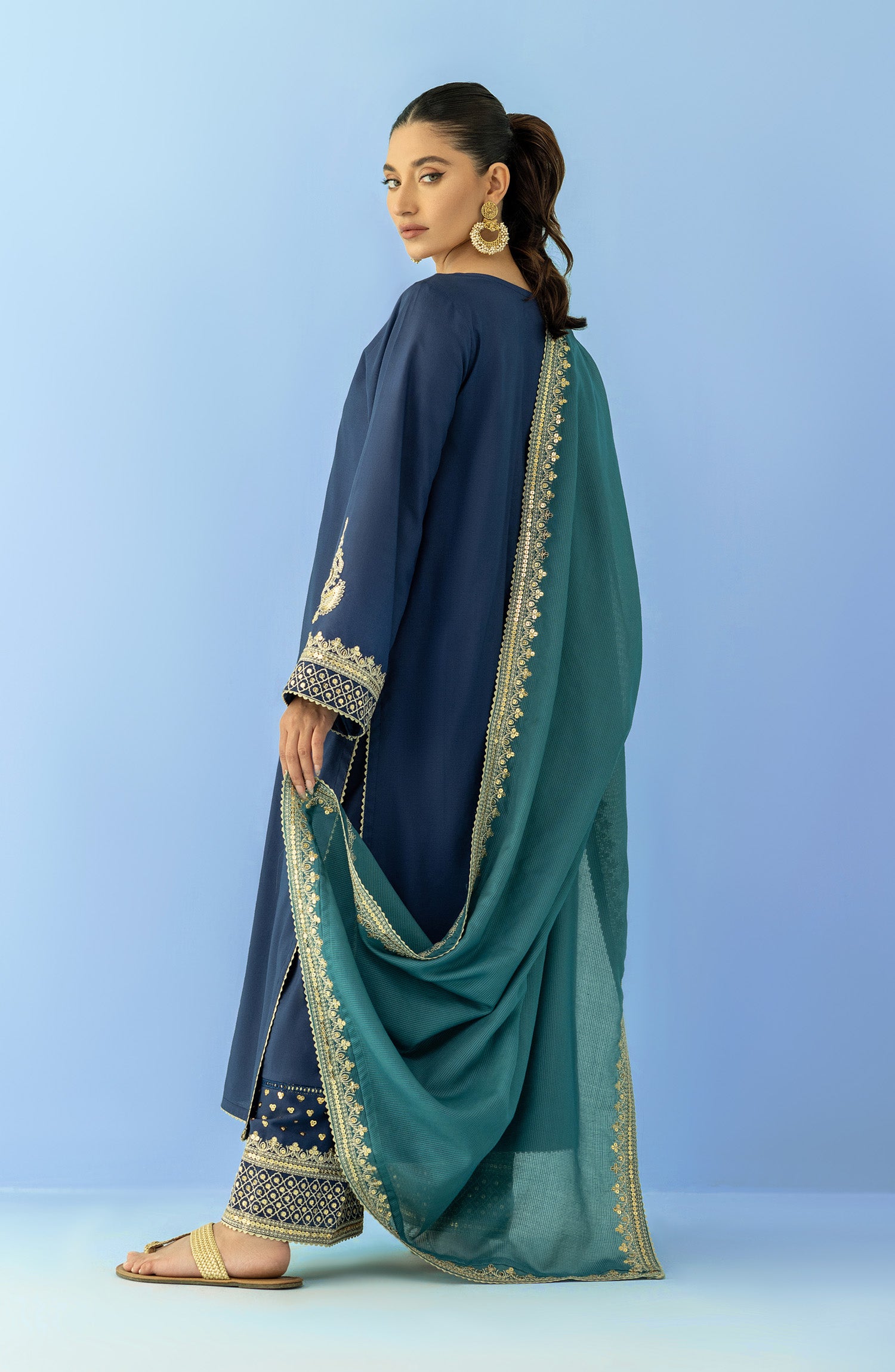 Stitched 3 Piece Embroidered Raw Silk Shirt , Raw Silk Pant and Slub Khaddar Dupatta (OTLF-23-058/S BLUE)