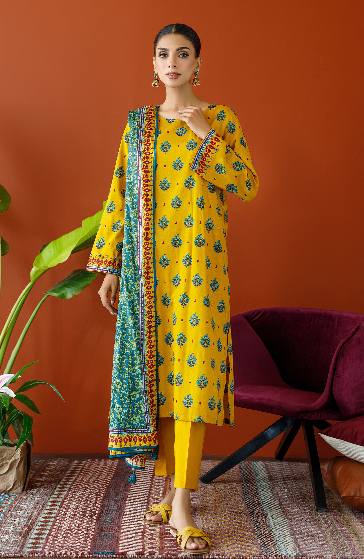 OTL-23-318/U OCHER CAMBRIC Women UNSTITCHED SHIRT DUPATTA PANTS
