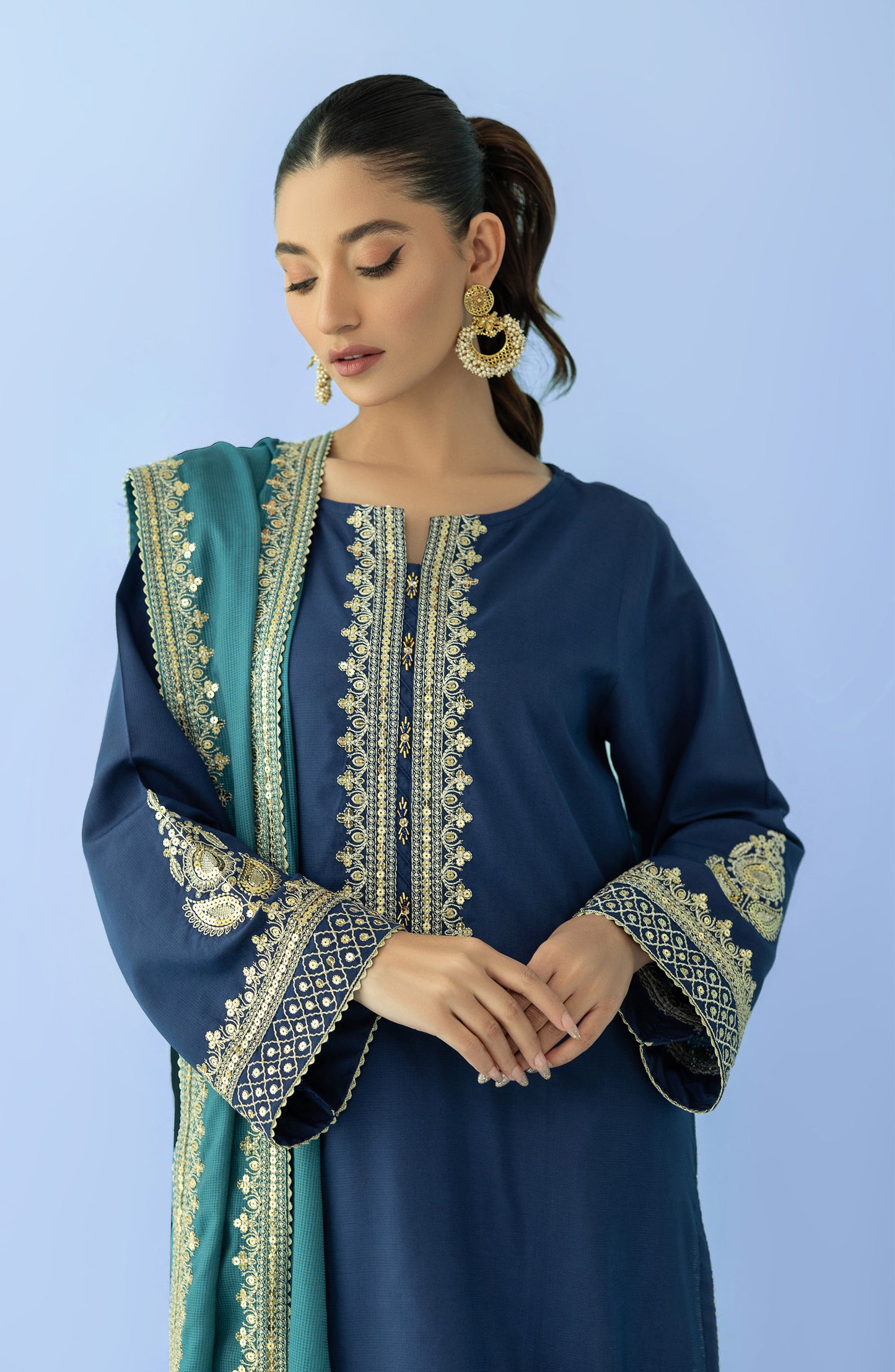 Stitched 3 Piece Embroidered Raw Silk Shirt , Raw Silk Pant and Slub Khaddar Dupatta (OTLF-23-058/S BLUE)
