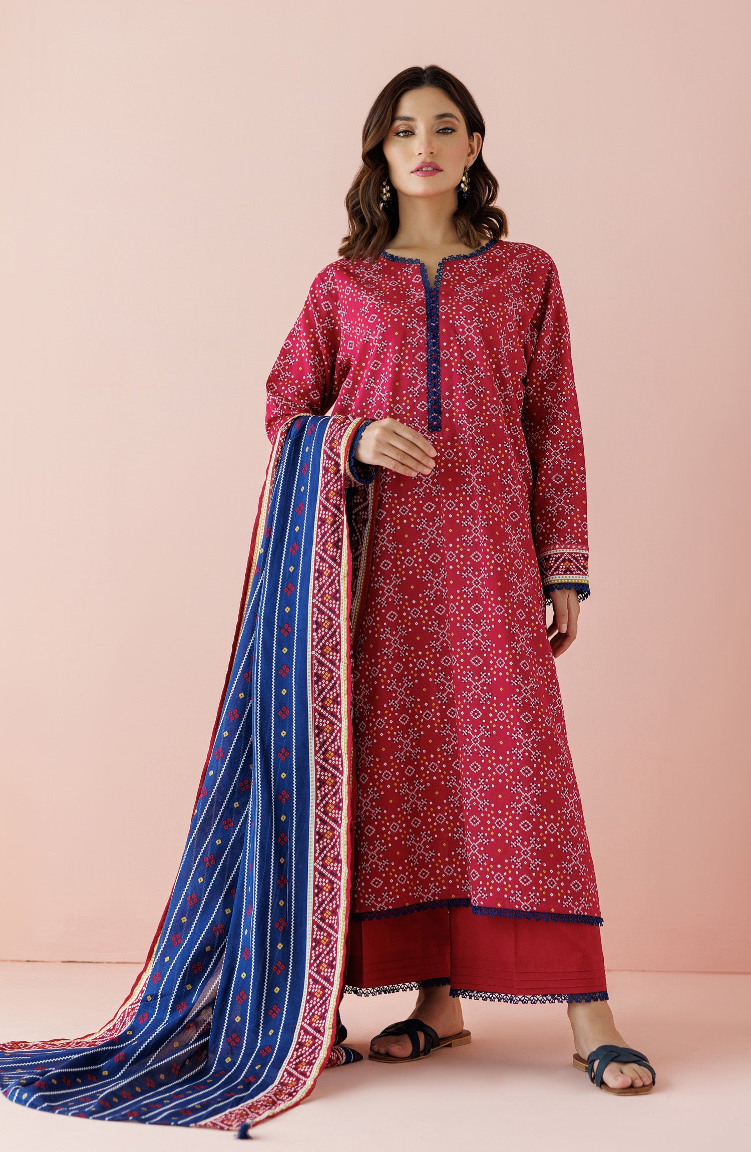 Unstitched 3 Piece Printed Lawn Shirt , Cambric Pant and Lawn Dupatta (OTL-24-179/U PINK)