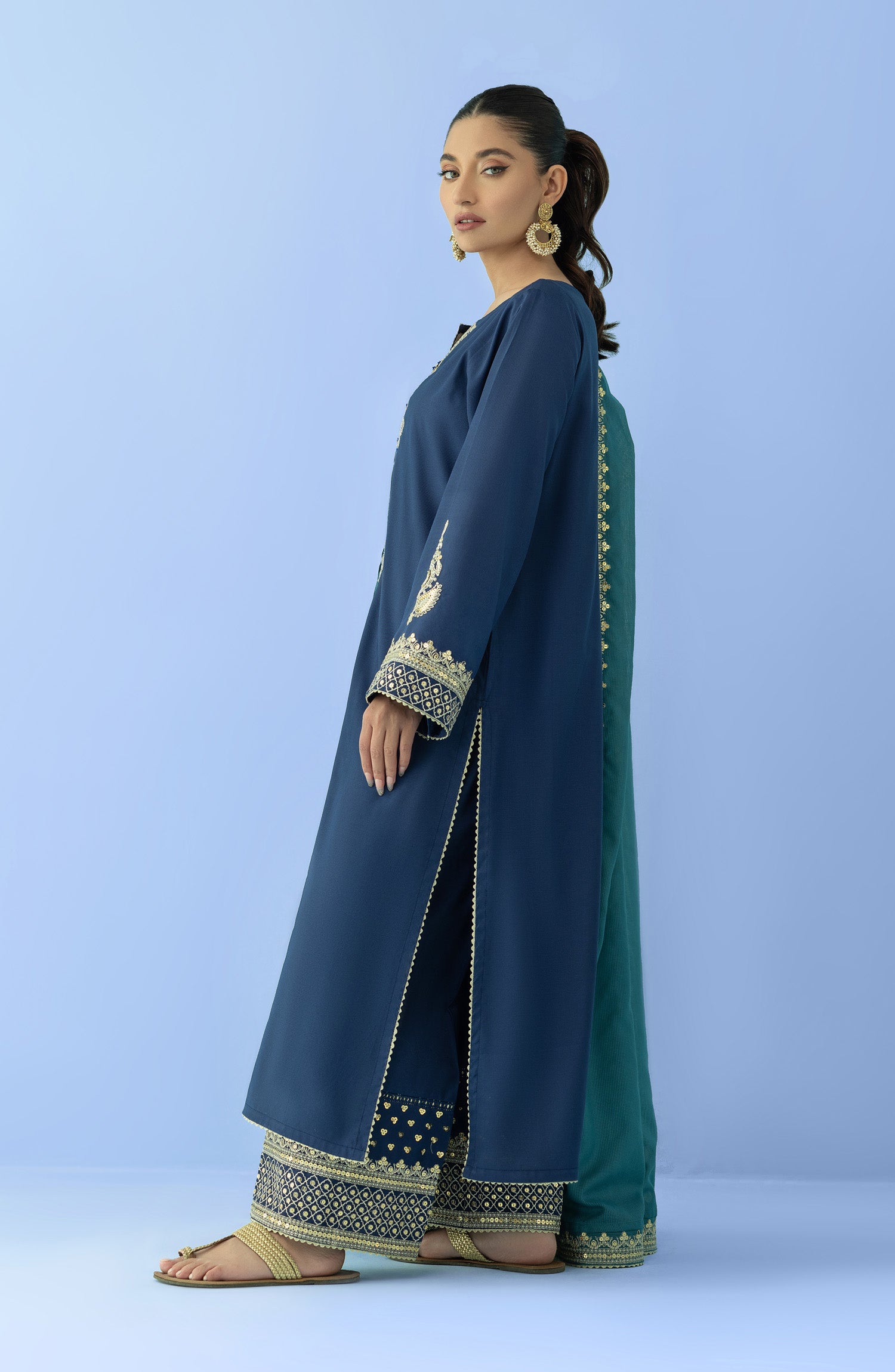 Stitched 3 Piece Embroidered Raw Silk Shirt , Raw Silk Pant and Slub Khaddar Dupatta (OTLF-23-058/S BLUE)