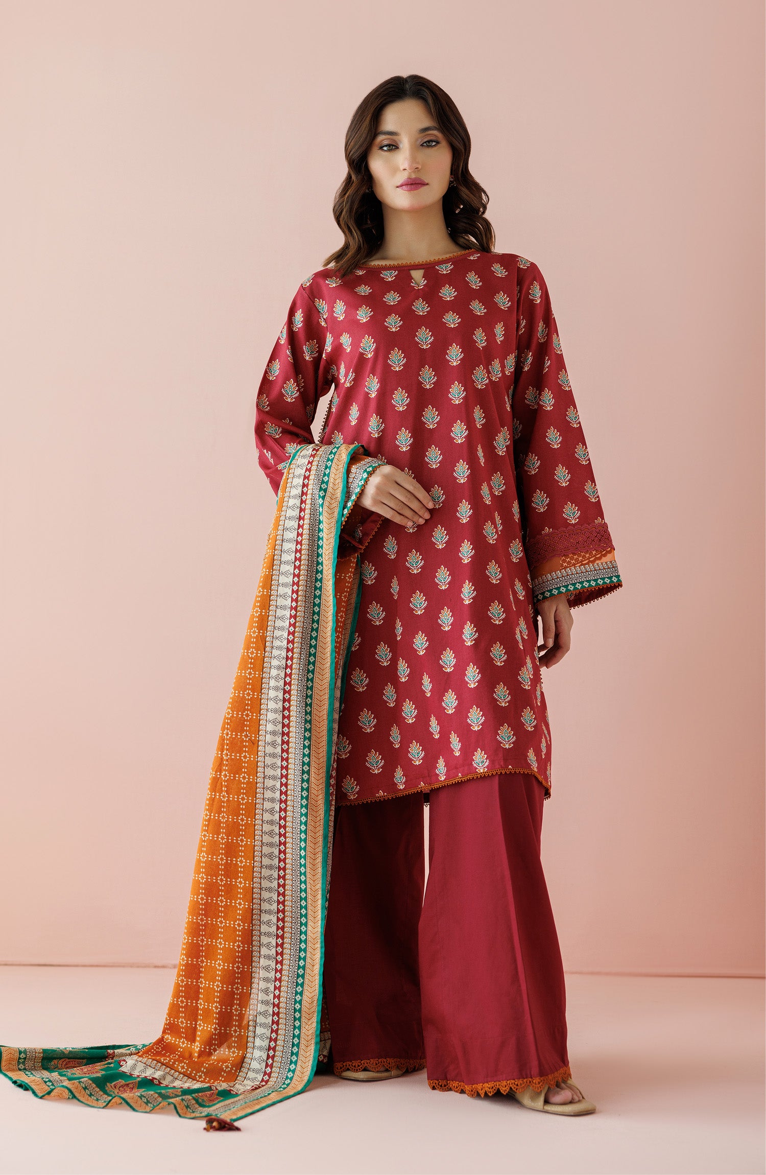 Unstitched 3 Piece Printed Lawn Shirt , Cambric Pant and Lawn Dupatta (OTL-24-211/U RED)