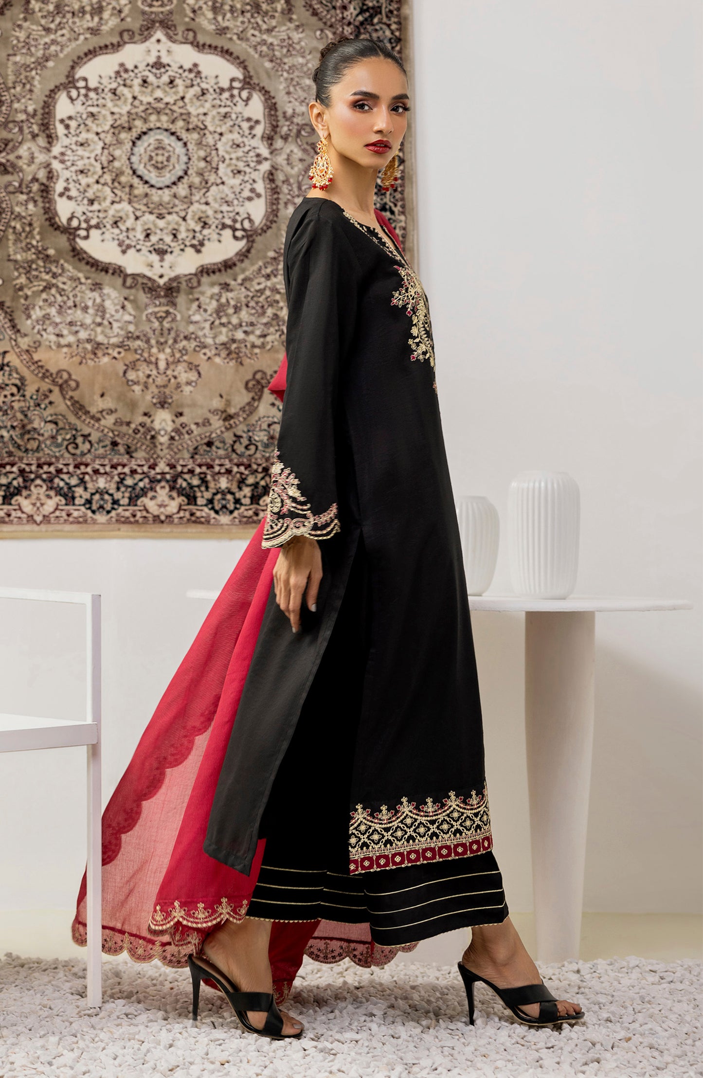 OTLF-23-057/S BLACK RAW SILK Women READY TO WEAR SHIRT DUPATTA PANTS