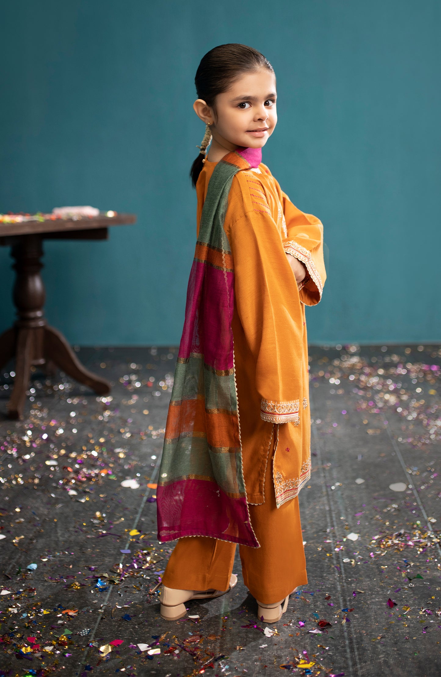 Stitched 3 Piece Embroidered Raw Silk Shirt , Raw Silk Pant and Poly Net Dupatta (GRFR23W-3010)