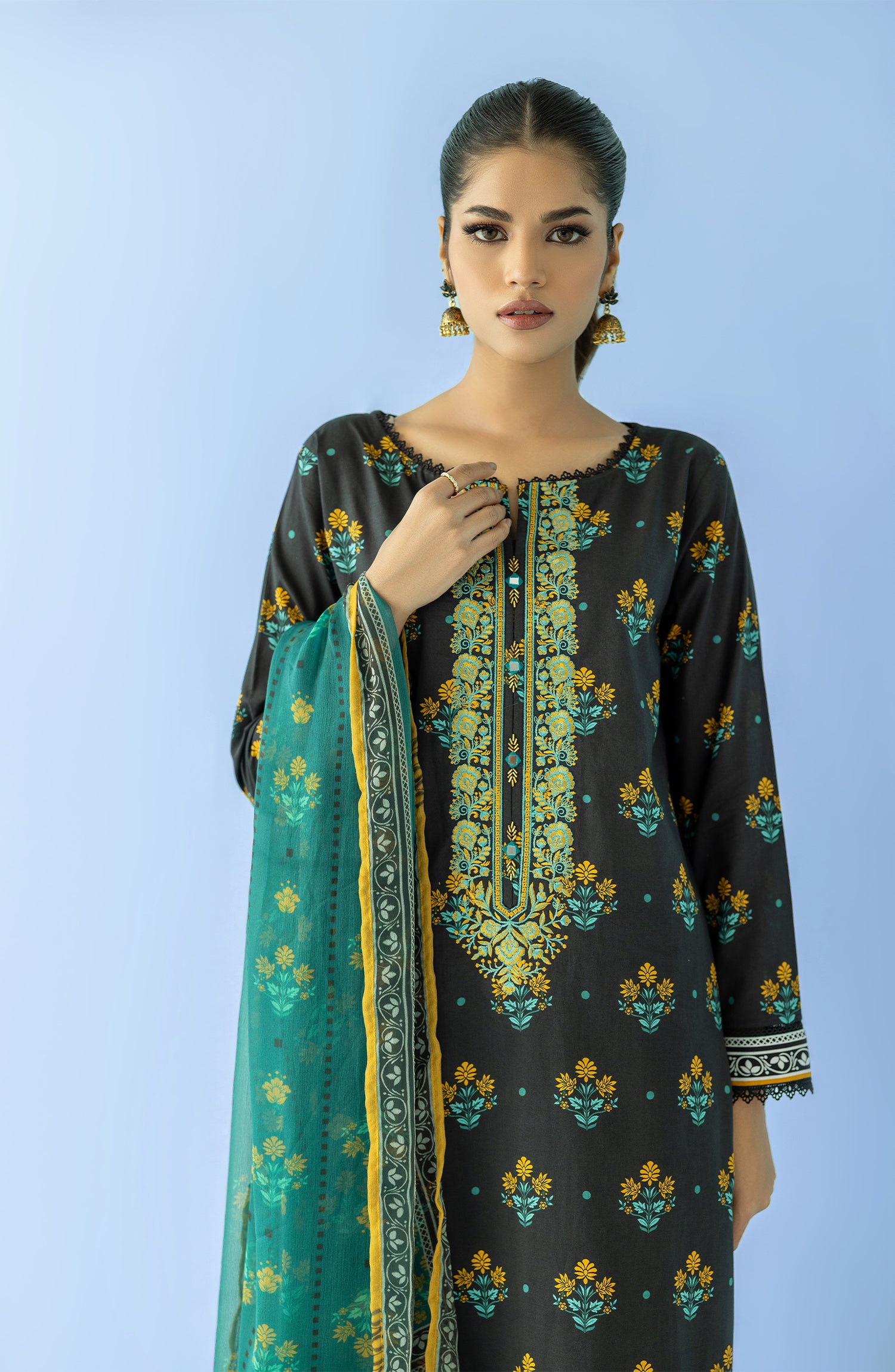 Stitched 2 Piece Printed Embroidered Lawn Shirt and Chiffon Dupatta (NRDS-24-009/S BLUE)