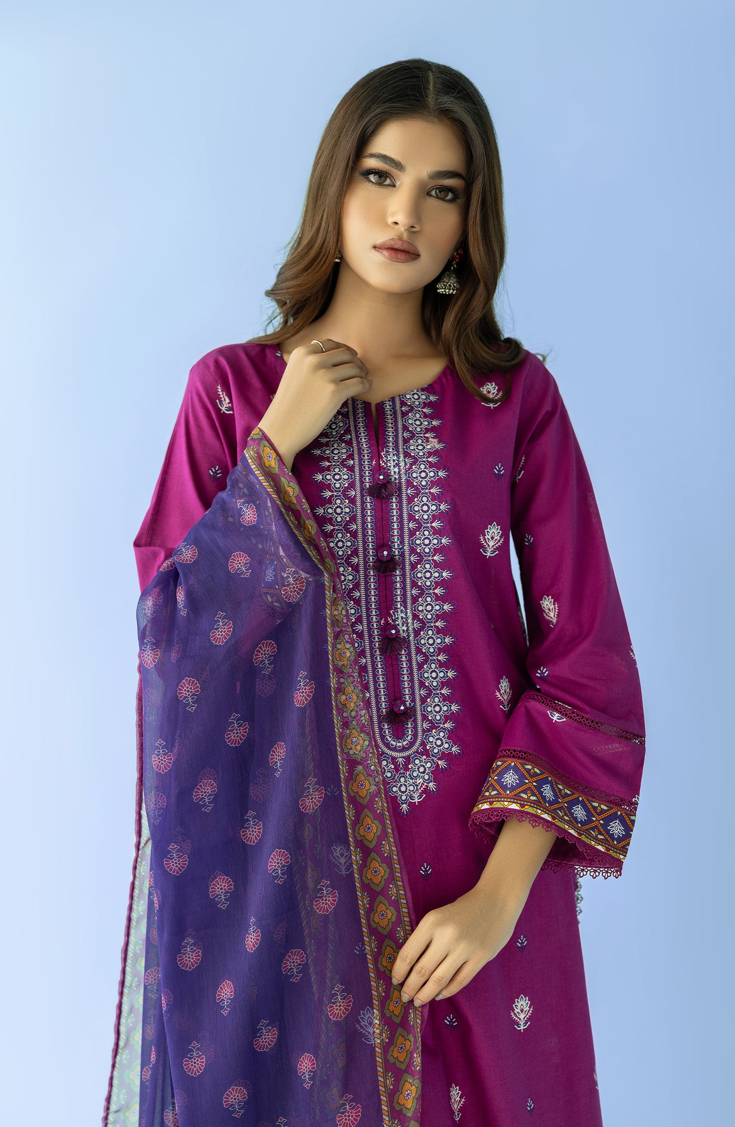 Stitched 2 Piece Printed Embroidered Lawn Shirt and Chiffon Dupatta (NRDS-24-014/S PINK)