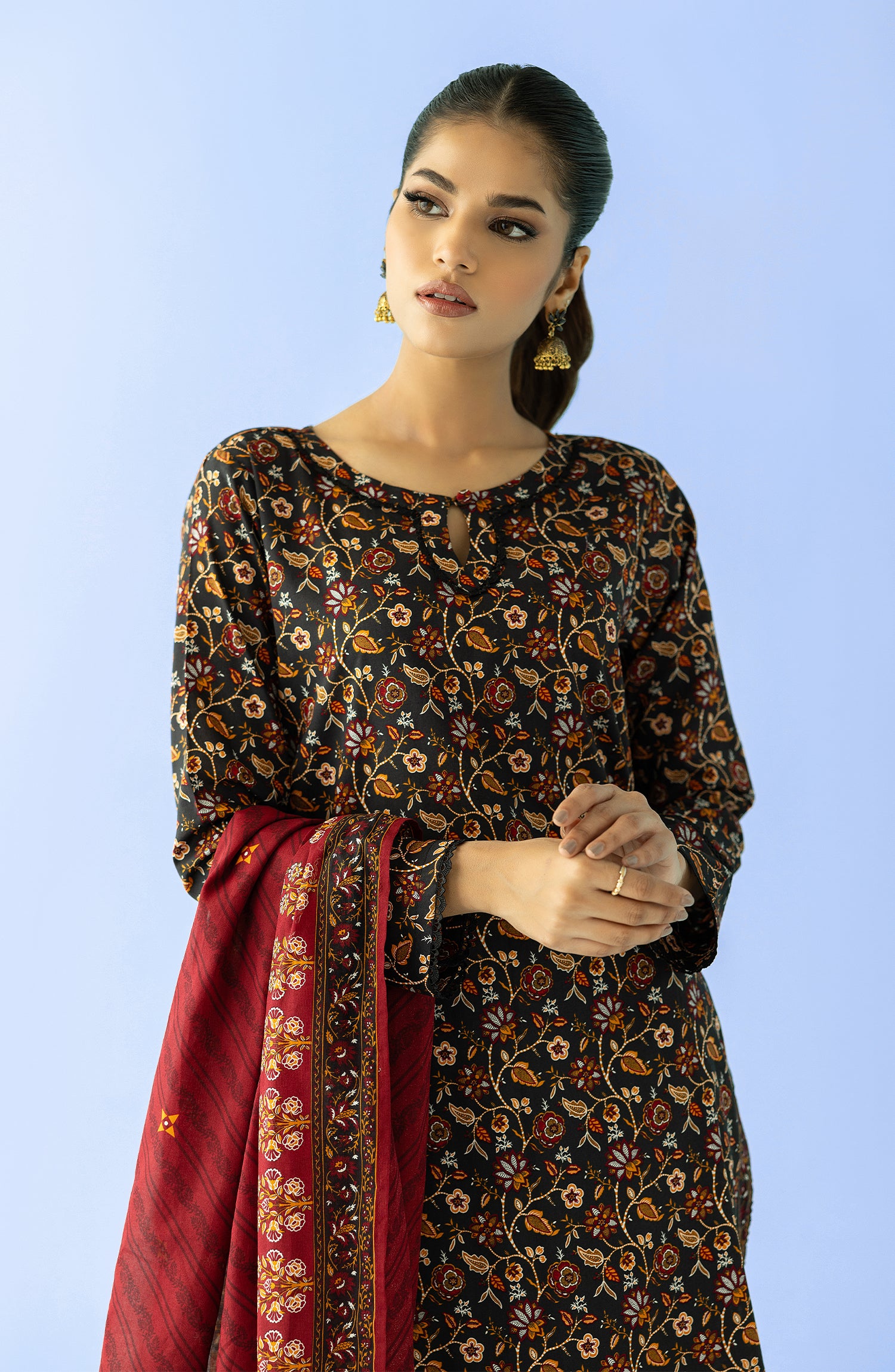 Stitched 3 Piece Printed Lawn Shirt , Cambric Pant and Lawn Dupatta (OTL-24-097/S BLACK)