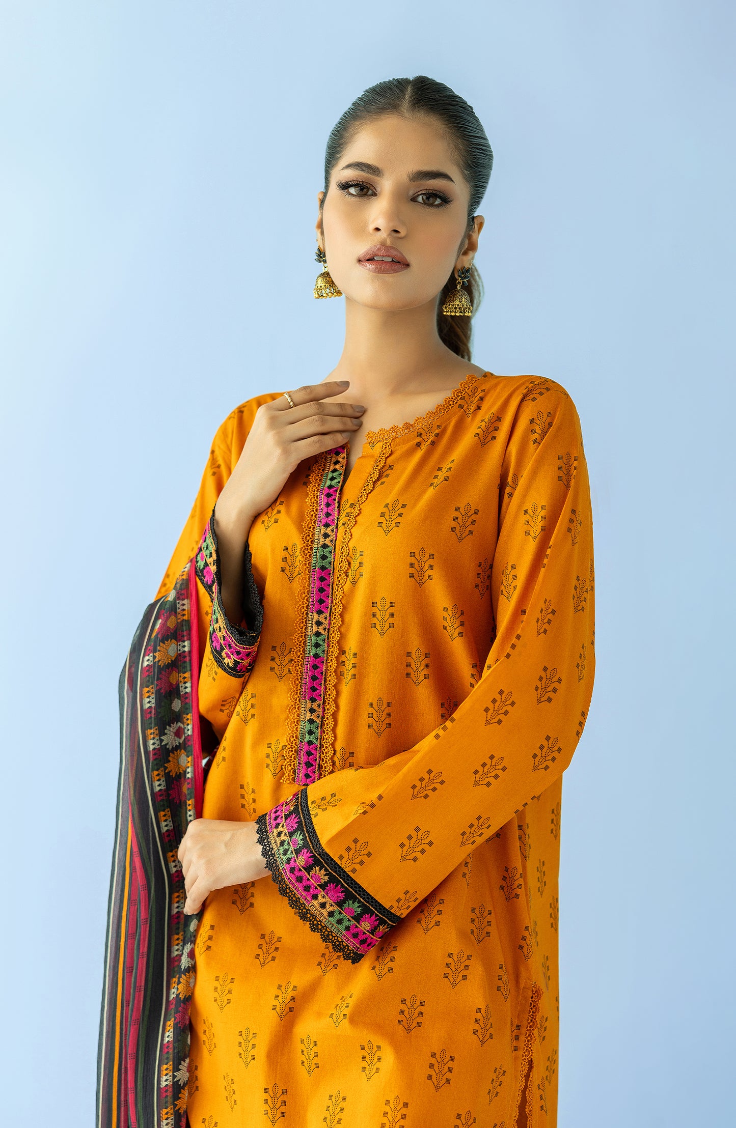 Stitched 3 Piece Printed Embroidered Lawn Shirt , Cambric Pant and Chiffon Dupatta (OTL-24-225/S YELLOW)