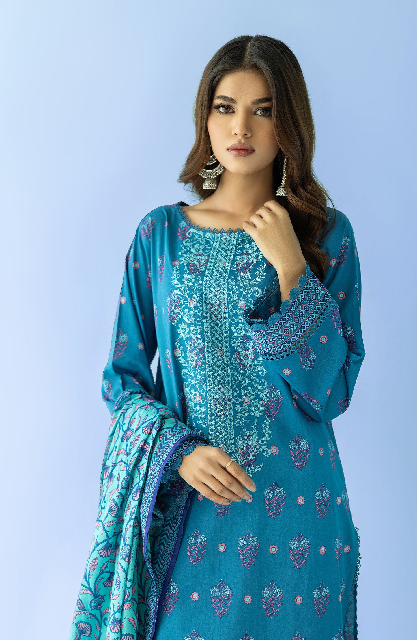 Stitched 2 Piece Printed Embroidered Lawn Shirt and Lawn Dupatta (NRDS-24-024/S SEA GREEN)