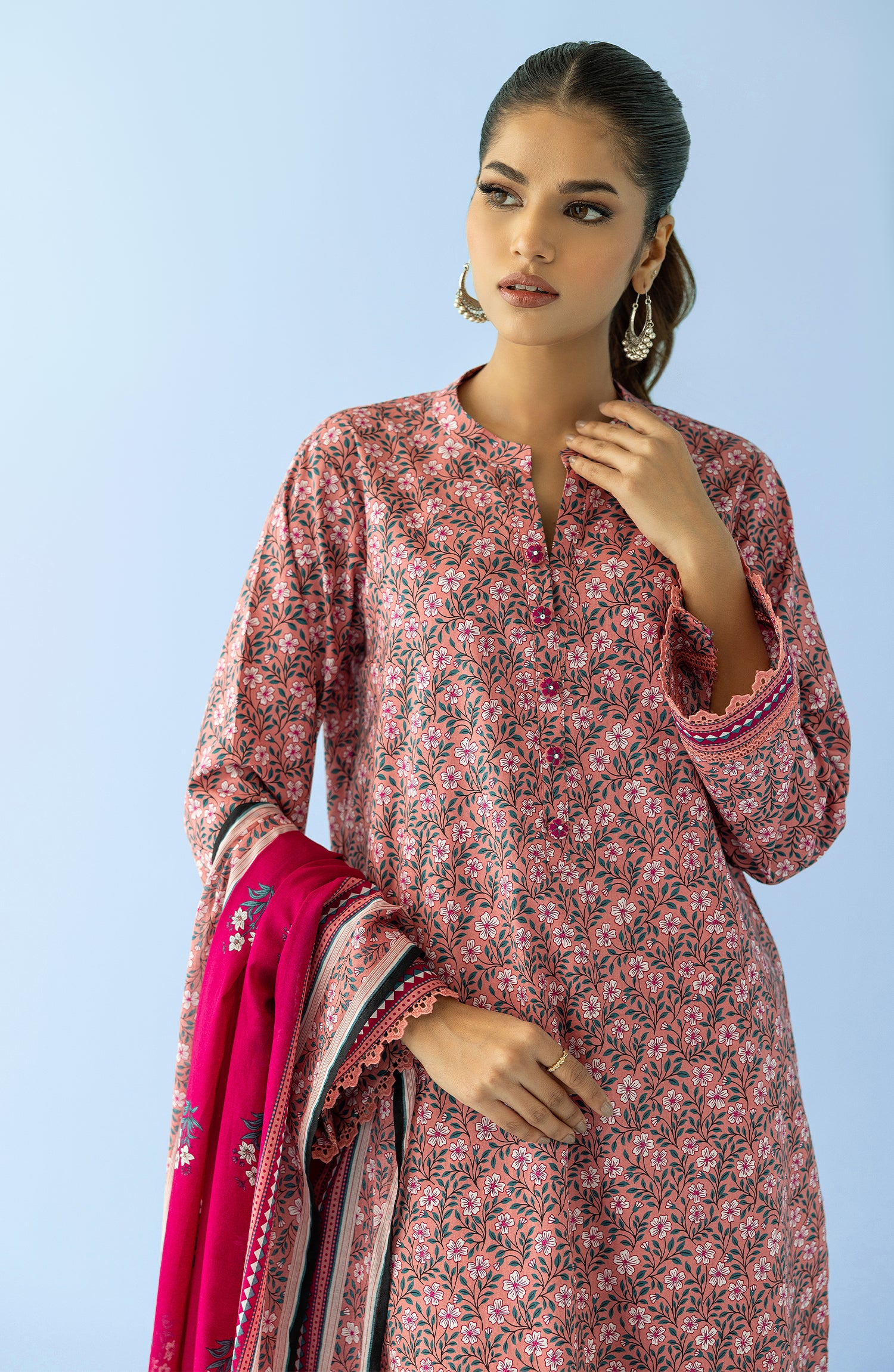 Stitched 3 Piece Printed Lawn Shirt , Cambric Pant and Lawn Dupatta (OTL-24-094/S PINK)