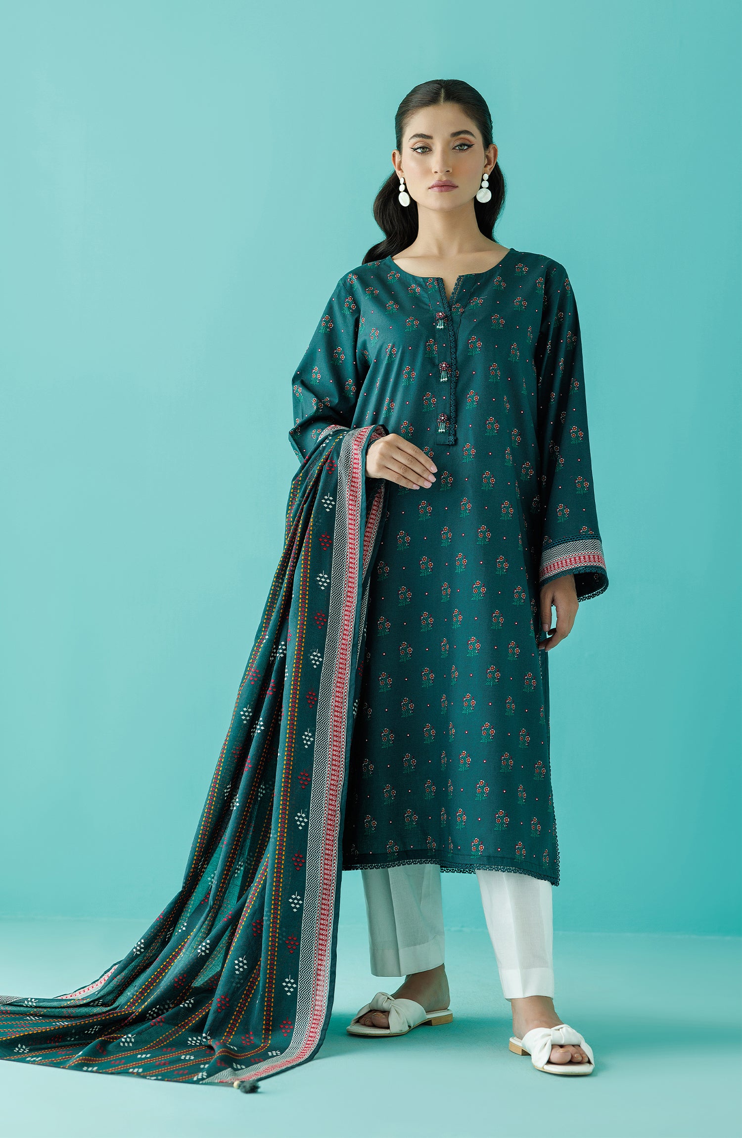 Stitched 2 Piece Printed Lawn Shirt and Lawn Dupatta (NRDS-24-006/S TEAL)