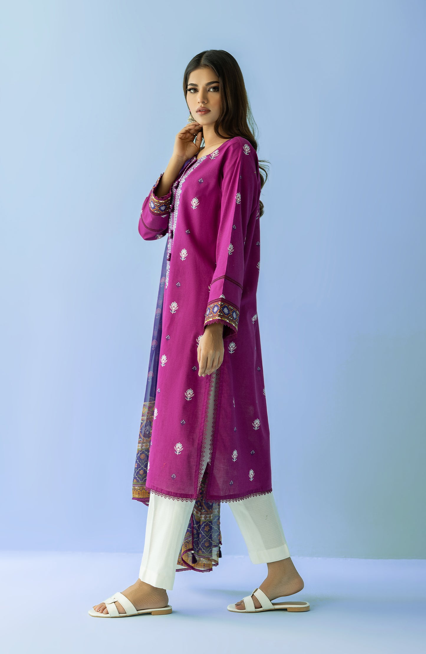 Stitched 2 Piece Printed Embroidered Lawn Shirt and Chiffon Dupatta (NRDS-24-014/S PINK)