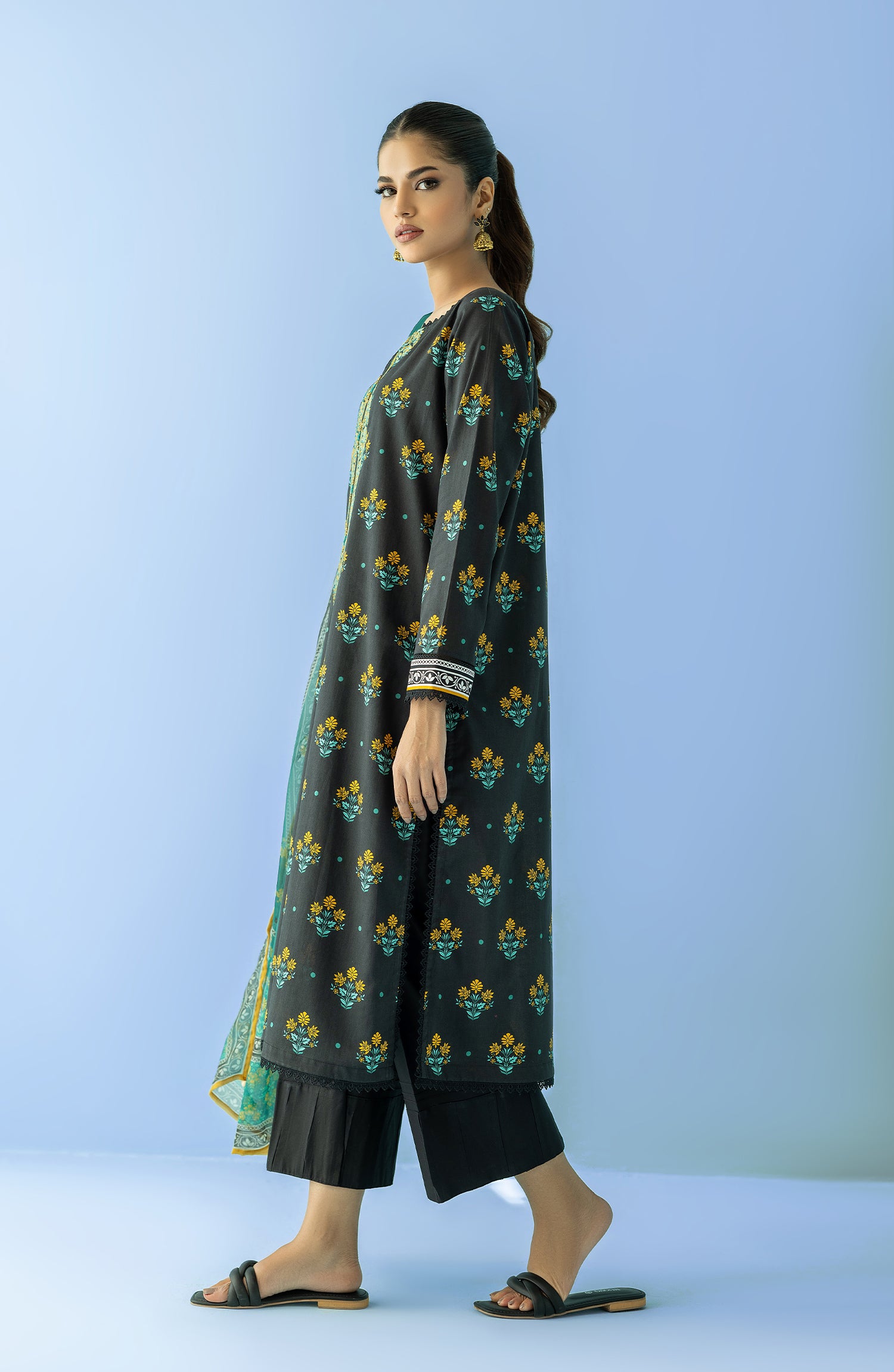 Stitched 2 Piece Printed Embroidered Lawn Shirt and Chiffon Dupatta (NRDS-24-009/S BLUE)