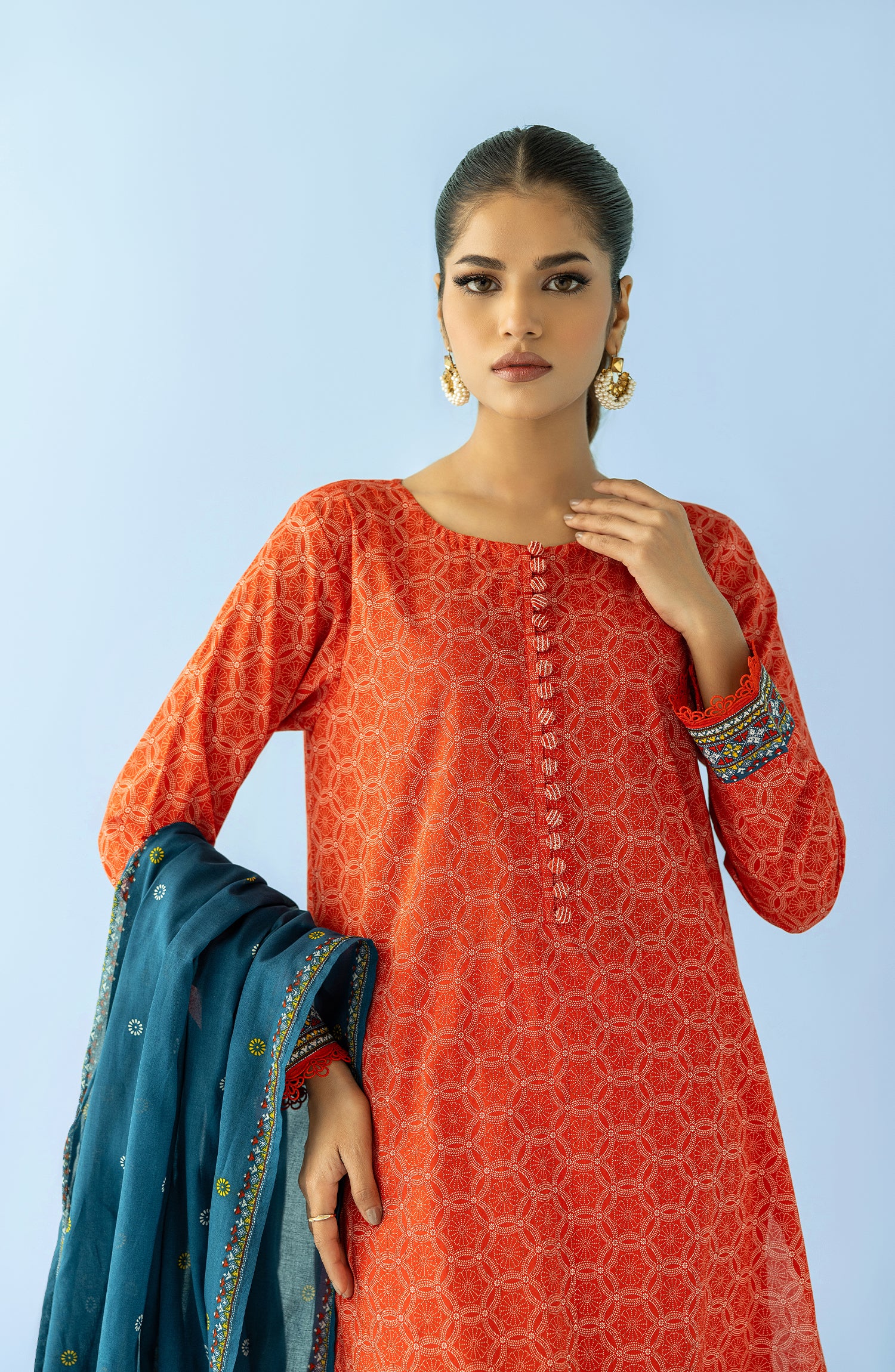 Stitched 3 Piece Printed Lawn Shirt , Cambric Pant and Lawn Dupatta (OTL-24-083/S ORANGE)