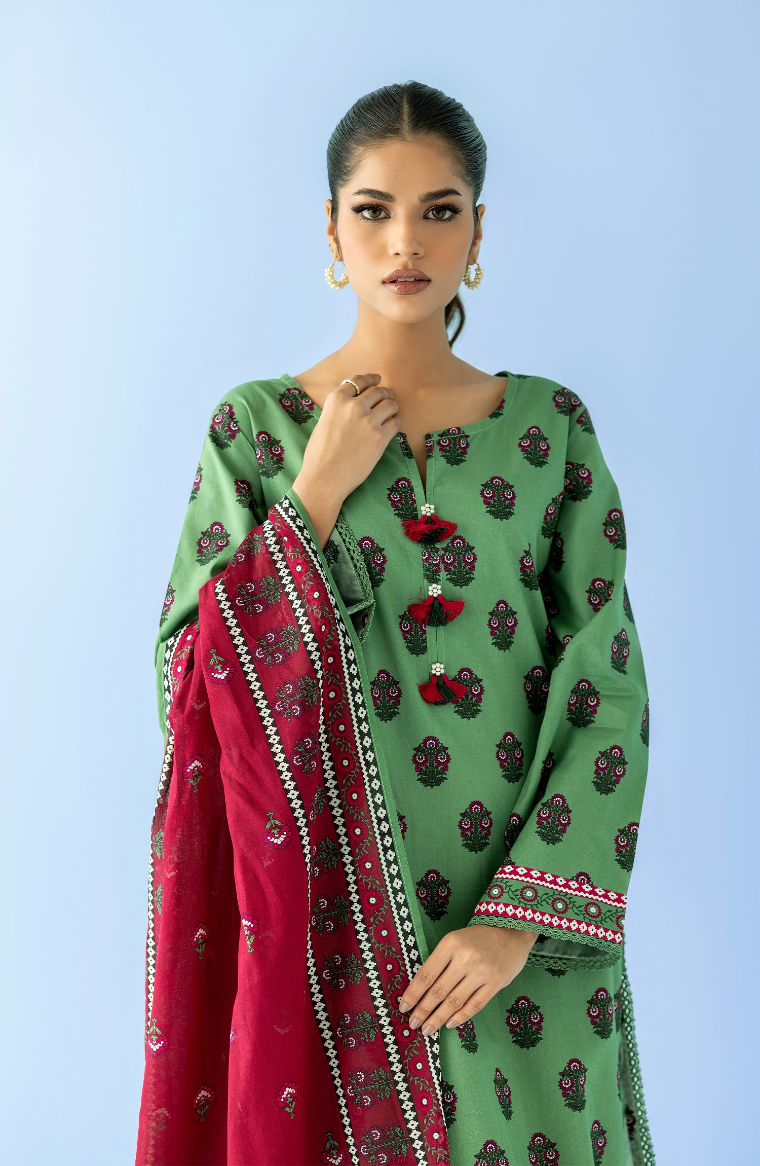 Stitched 3 Piece Printed Lawn Shirt , Cambric Pant and Lawn Dupatta (OTL-24-090/S GREEN)