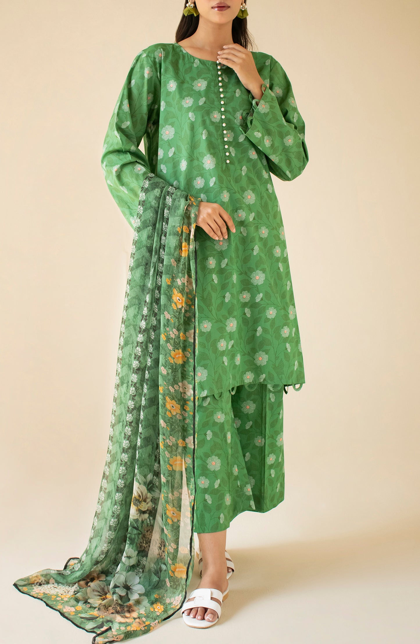 OTL-24-306/U GREEN COTTON VISCOSE Women UNSTITCHED SHIRT DUPATTA PANTS