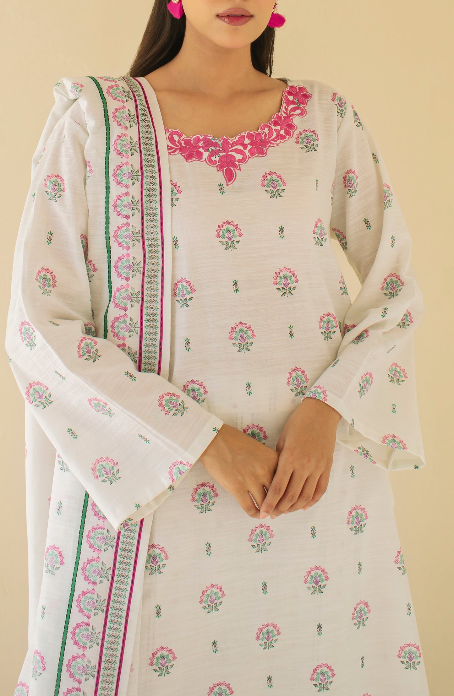 OTL-24-377/U WHITE KHADDAR Women UNSTITCHED SHIRT DUPATTA PANTS