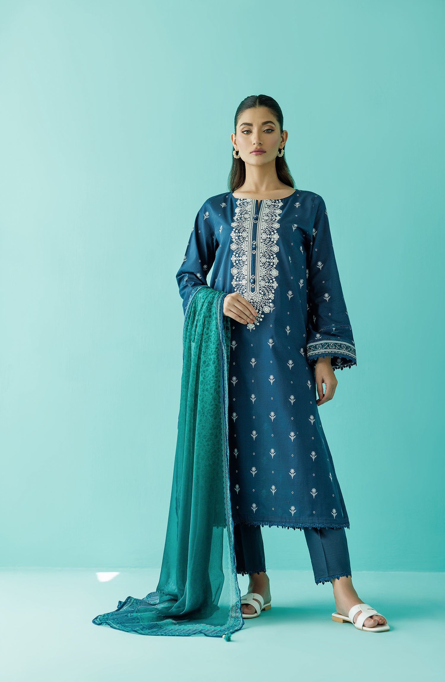 Stitched 3 Piece Printed Embroidered Lawn Shirt , Cambric Pant and Chiffon Dupatta