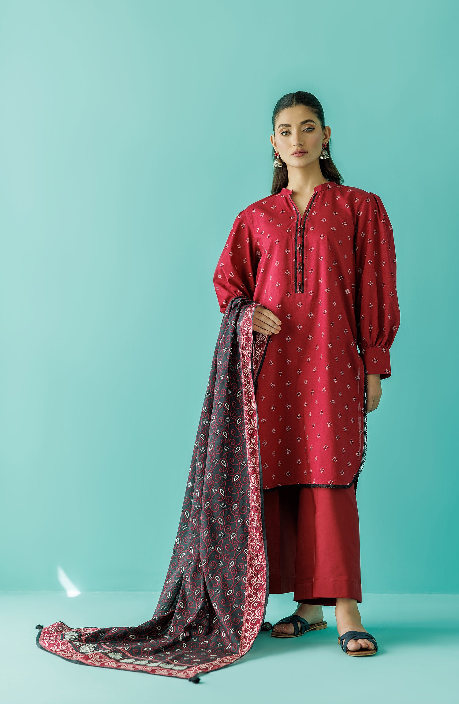 Stitched 3 Piece Printed Lawn Shirt , Cambric Pant and Lawn Dupatta (OTL-24-054/S RED)
