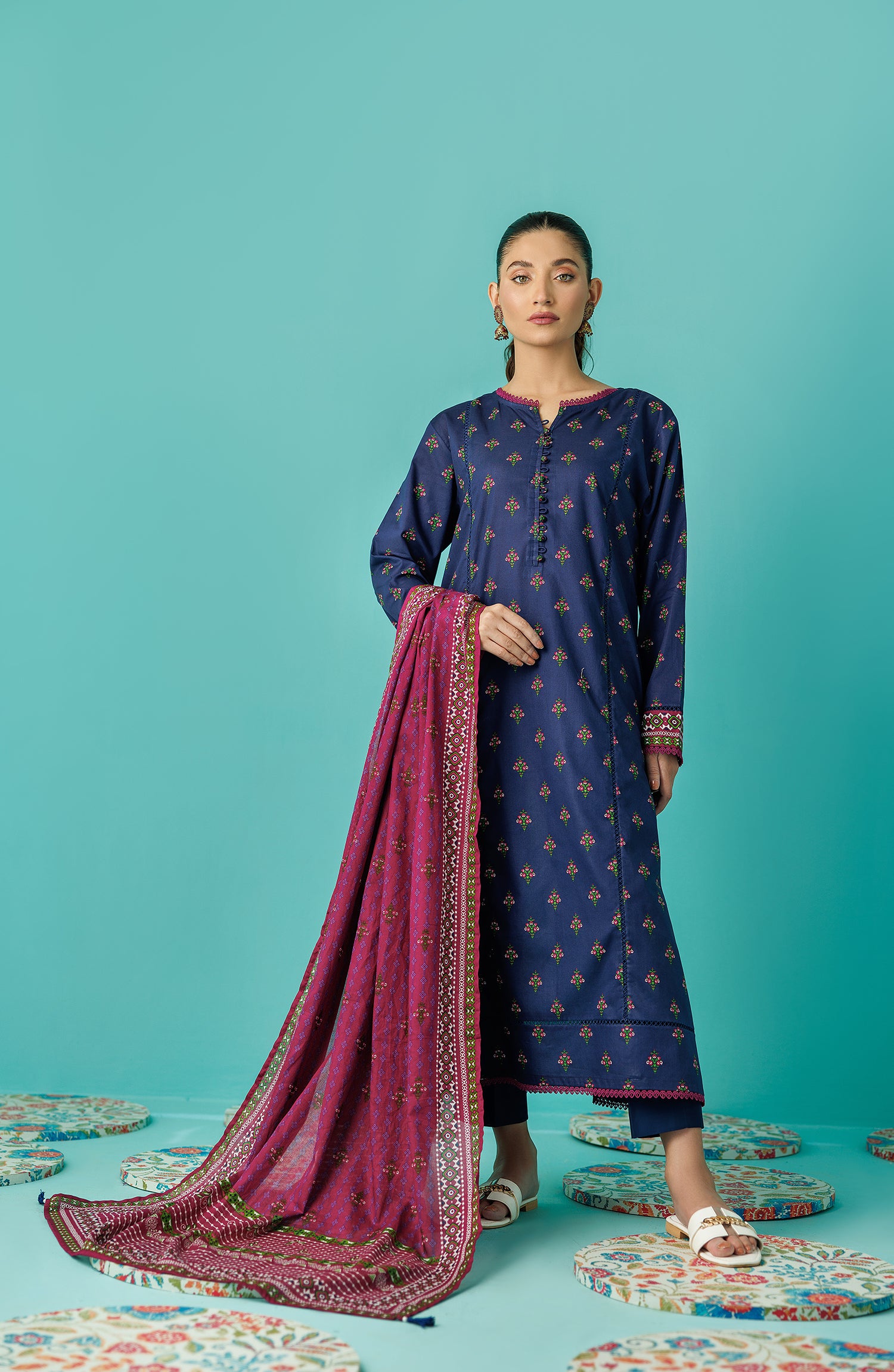 Stitched 3 Piece Printed Lawn Shirt , Cambric Pant and Lawn Dupatta (OTL-24-013/S BLUE)