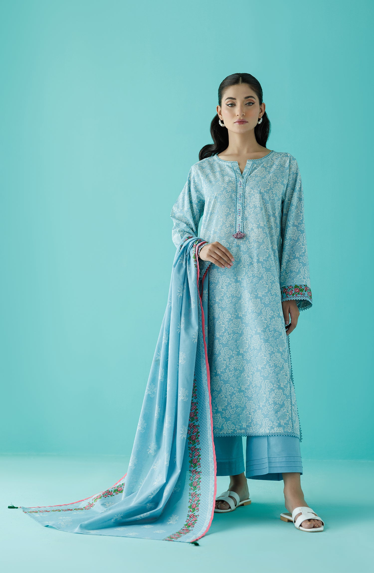 Stitched 3 Piece Printed Lawn Shirt , Cambric Pant and Lawn Dupatta (OTL-24-182/S ICE BLUE)