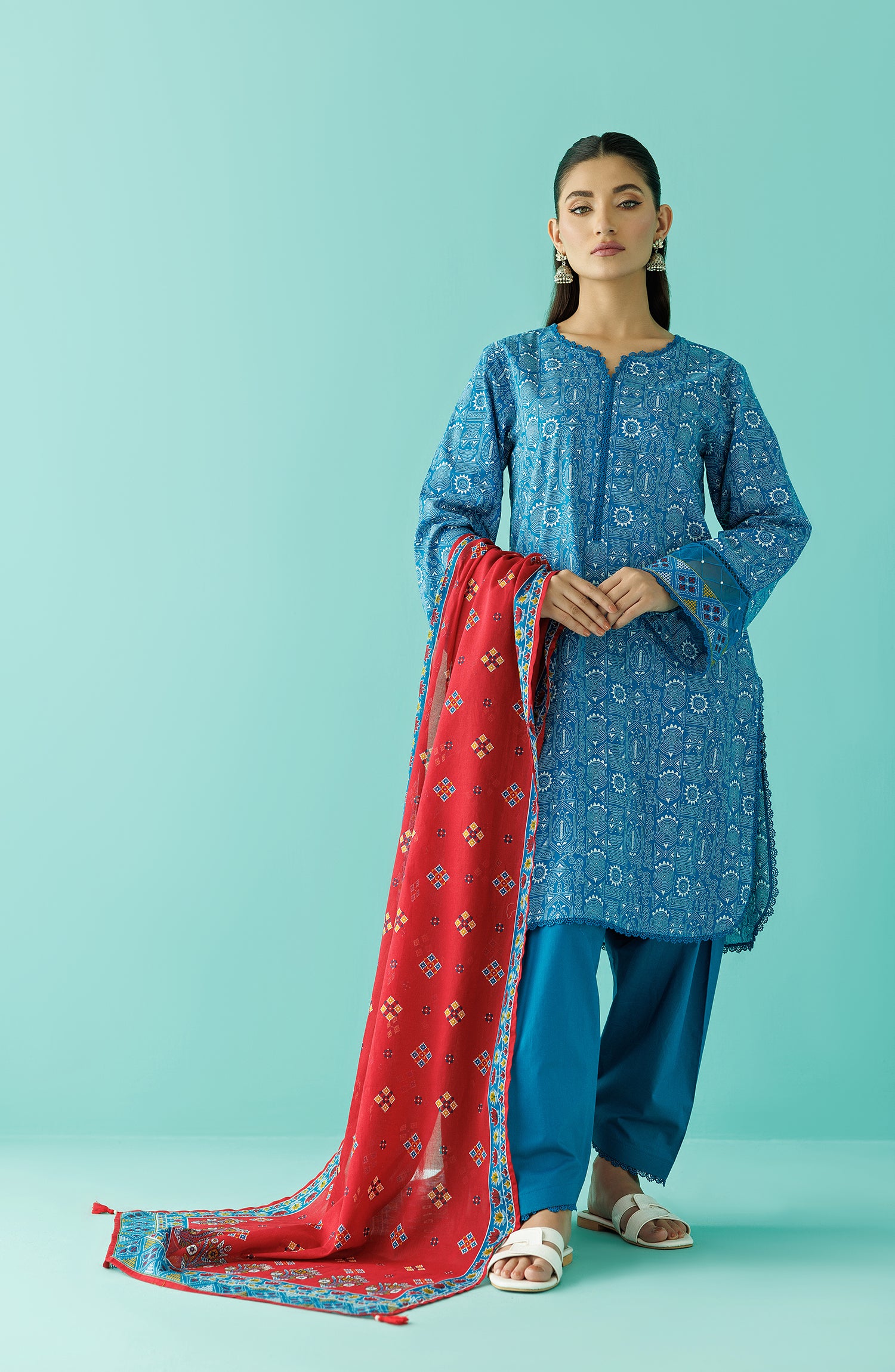 Stitched 3 Piece Printed Lawn Shirt , Cambric Pant and Lawn Dupatta (OTL-24-084/S BLUE)
