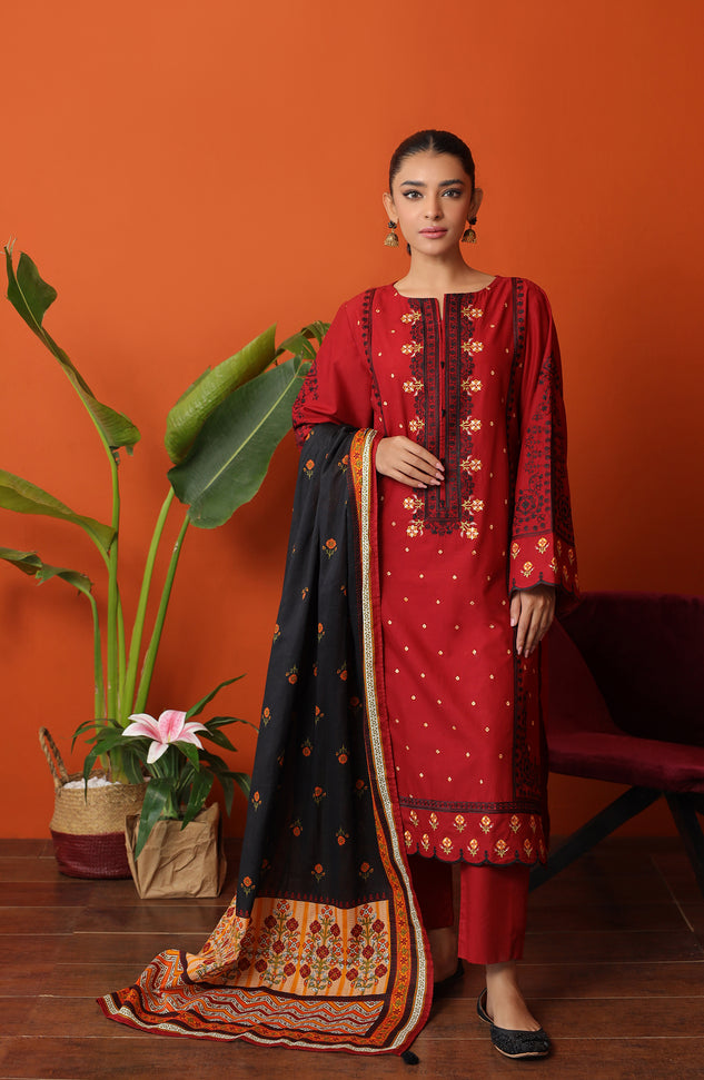 Stitched 3 Piece Embroidered Cambric Shirt , Cambric Pant and Lawn Dupatta