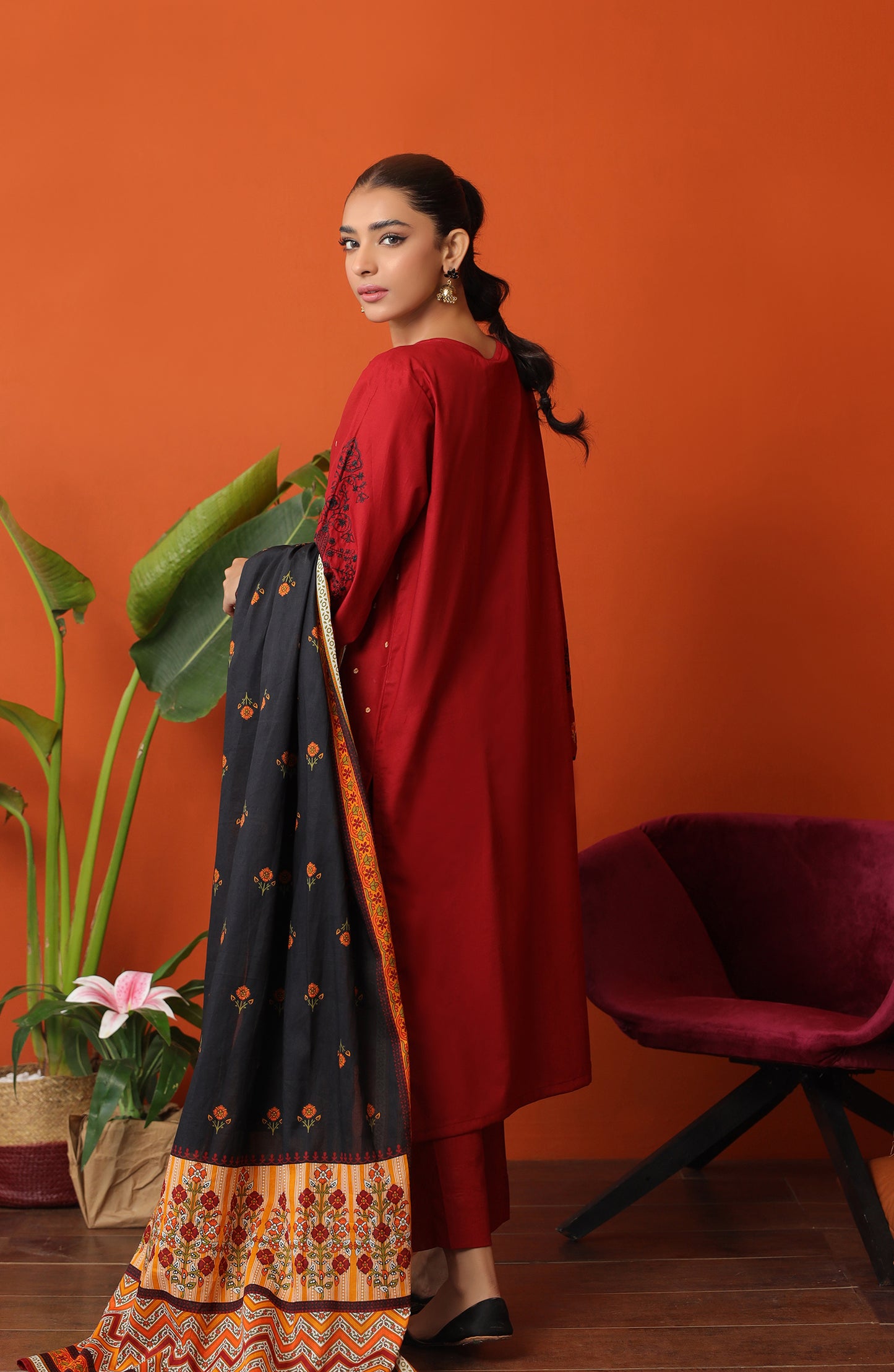 Stitched 3 Piece Embroidered Cambric Shirt , Cambric Pant and Lawn Dupatta