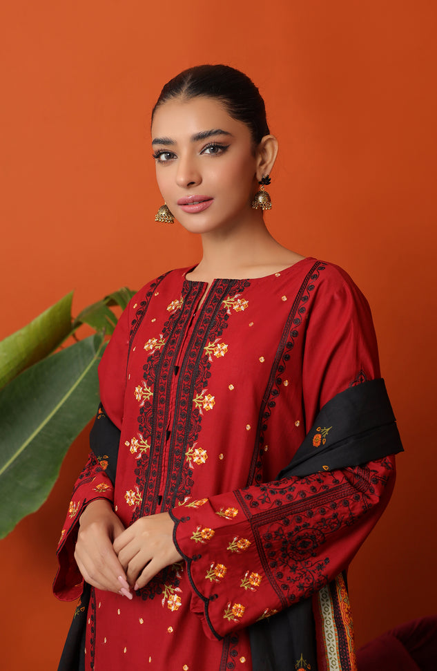 Stitched 3 Piece Embroidered Cambric Shirt , Cambric Pant and Lawn Dupatta