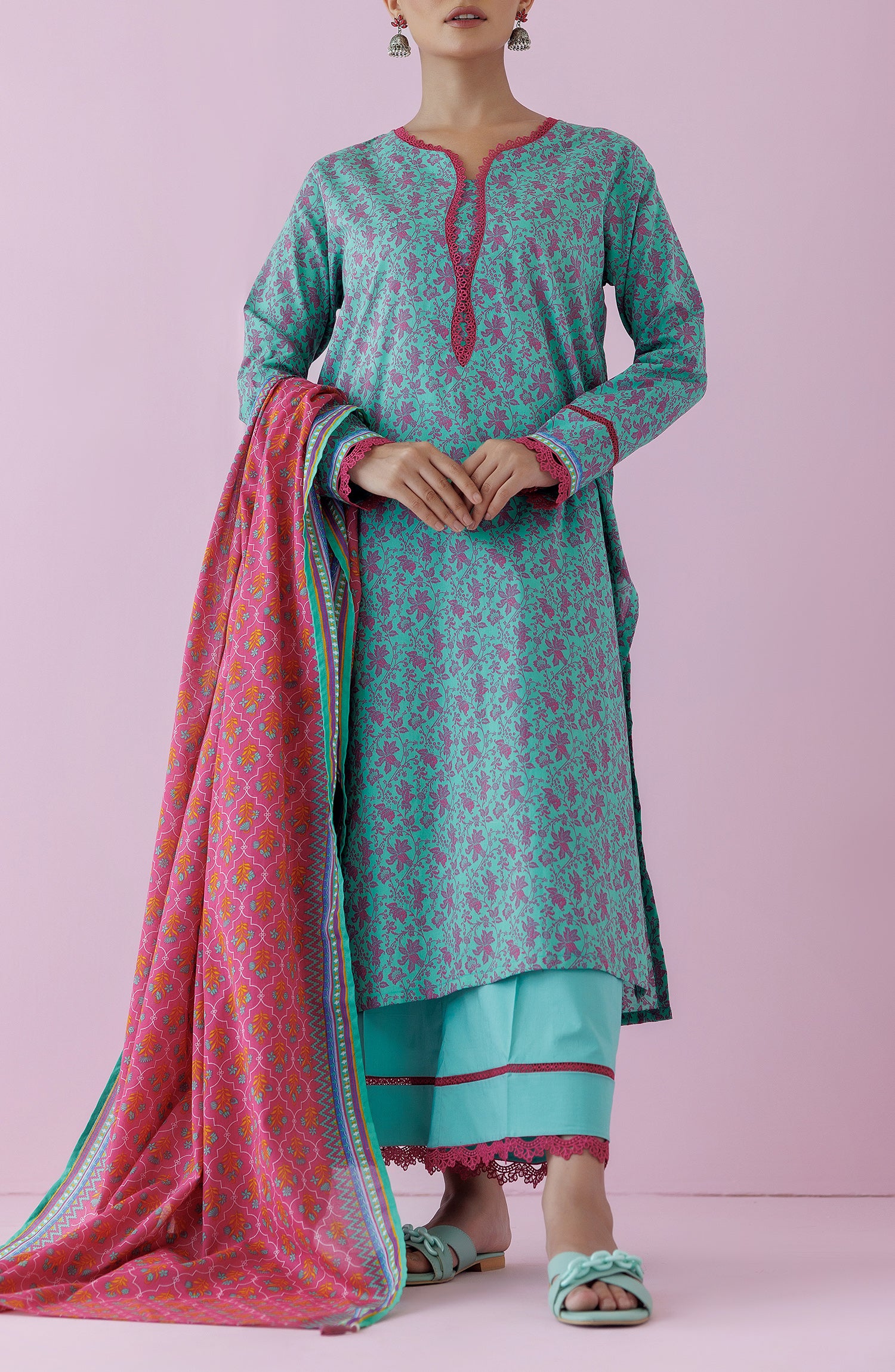 Stitched 3 Piece Premium Printed Casual Lawn Shirt , Cambric Pant and Lawn Dupatta (OTL-24-349/S GREEN)