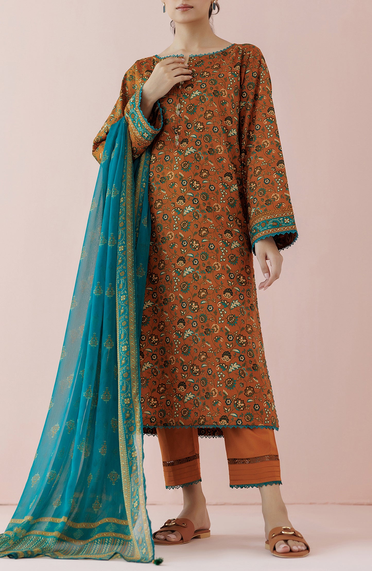 OTL-24-396/S BROWN LAWN Women READY TO WEAR SHIRT DUPATTA PANTS