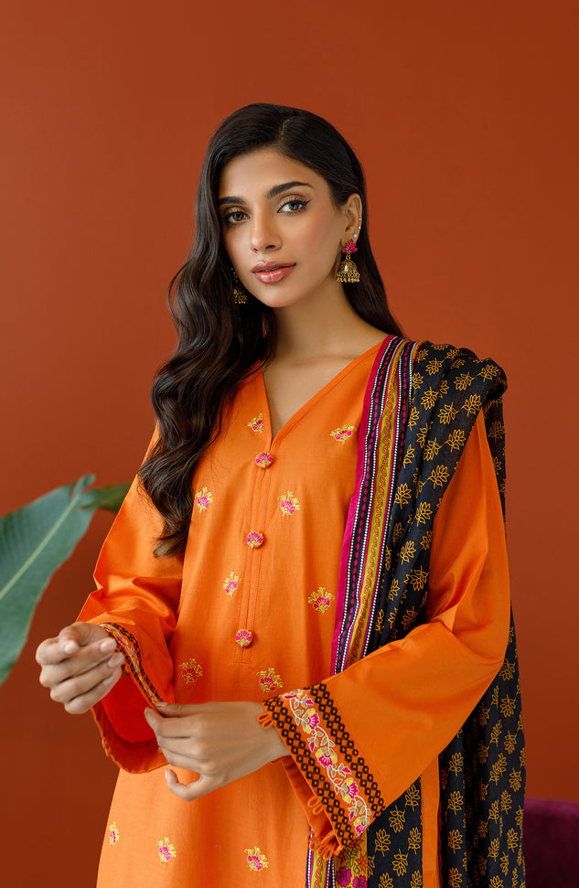Stitched 3 Piece Embroidered Cambric Shirt , Cambric Pant and Lawn Dupatta