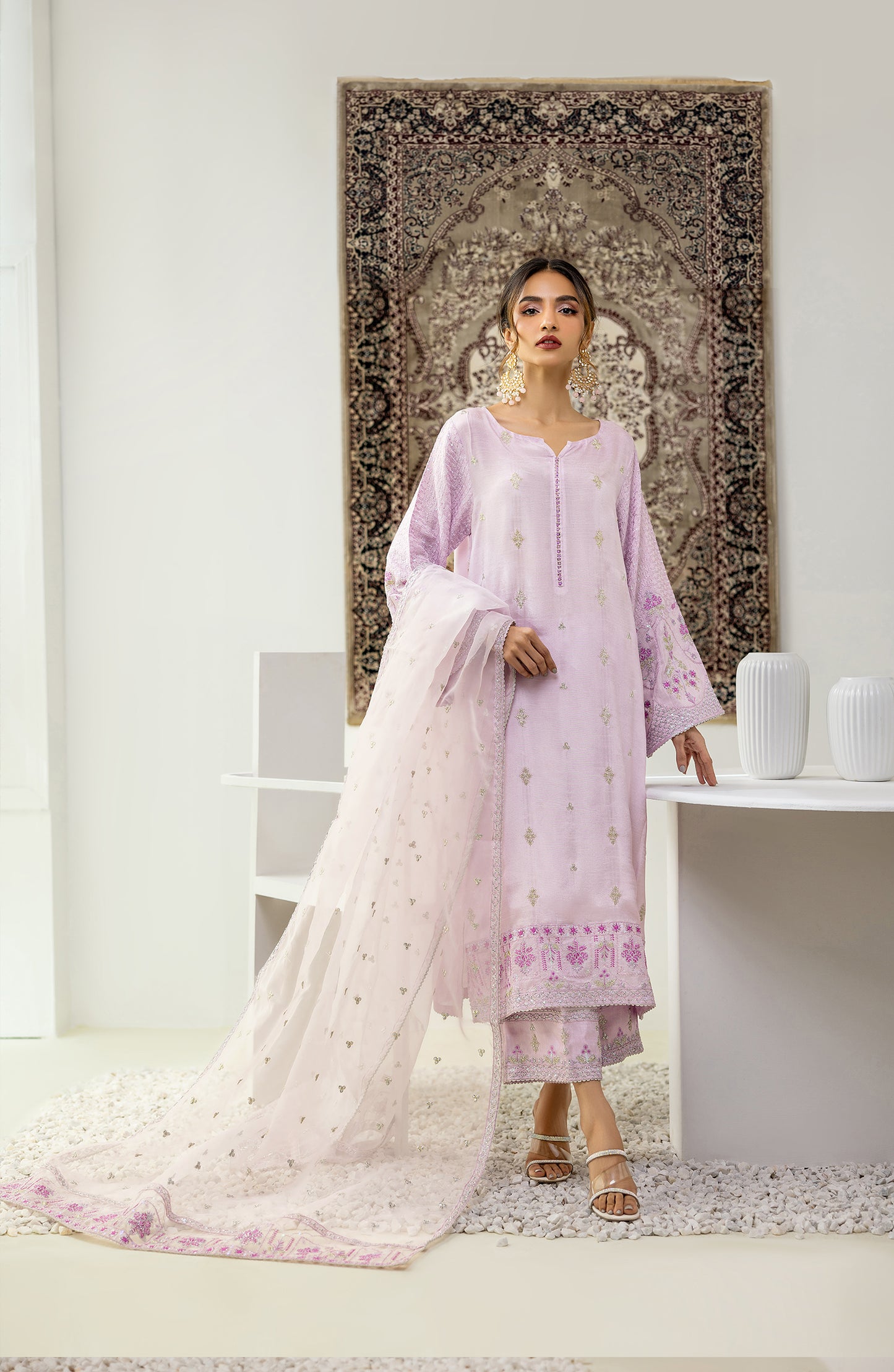 Stitched 3 Piece Embroidered Soft Raw Silk Shirt , Soft Raw Silk Pant and Organza Dupatta (NF-SDT-23-018 LILAC)