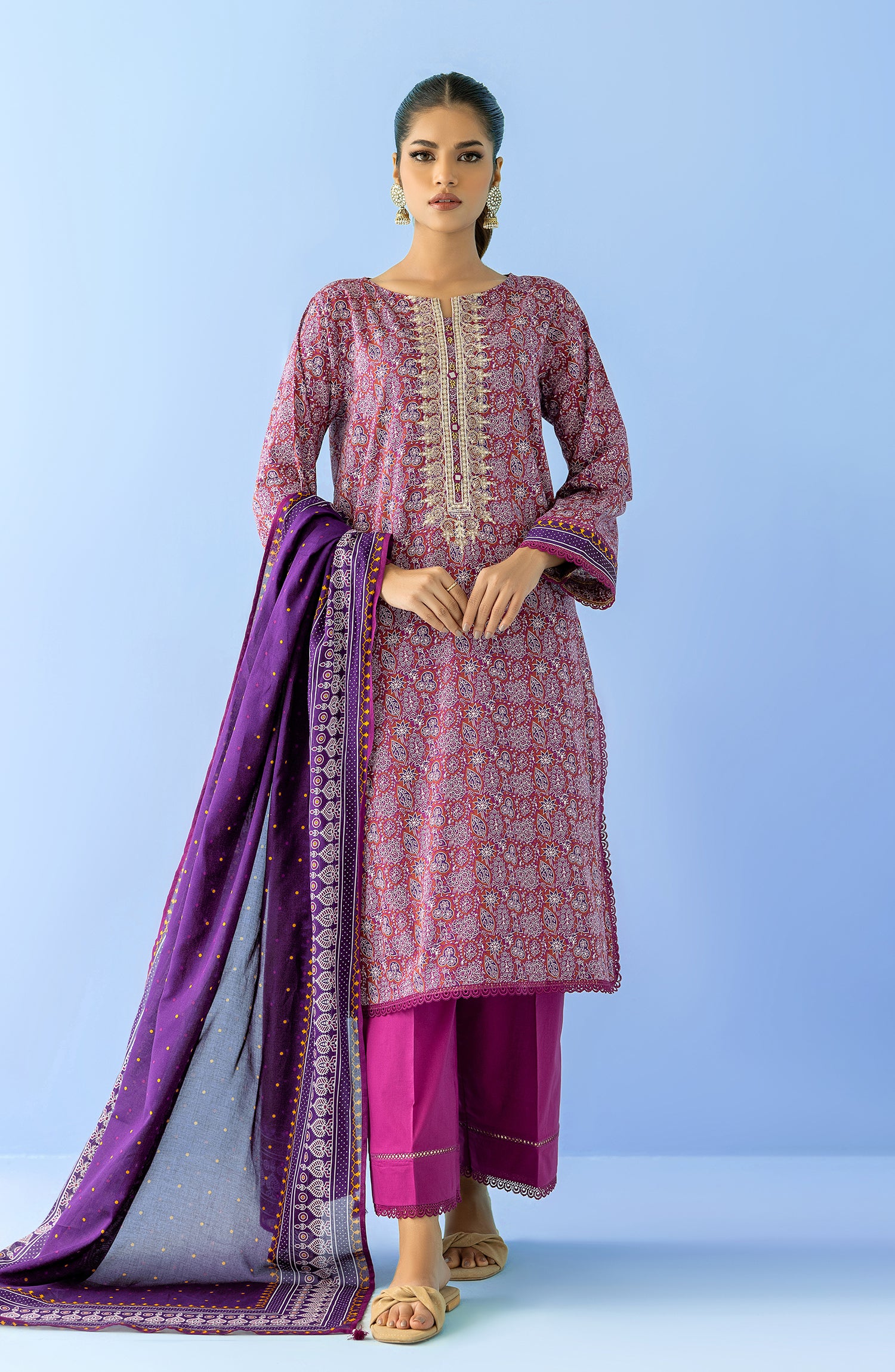 Unstitched 3 Piece Embroidered Lawn Shirt , Cambric Pant and Lawn Dupatta (OTL-24-023/U PINK)