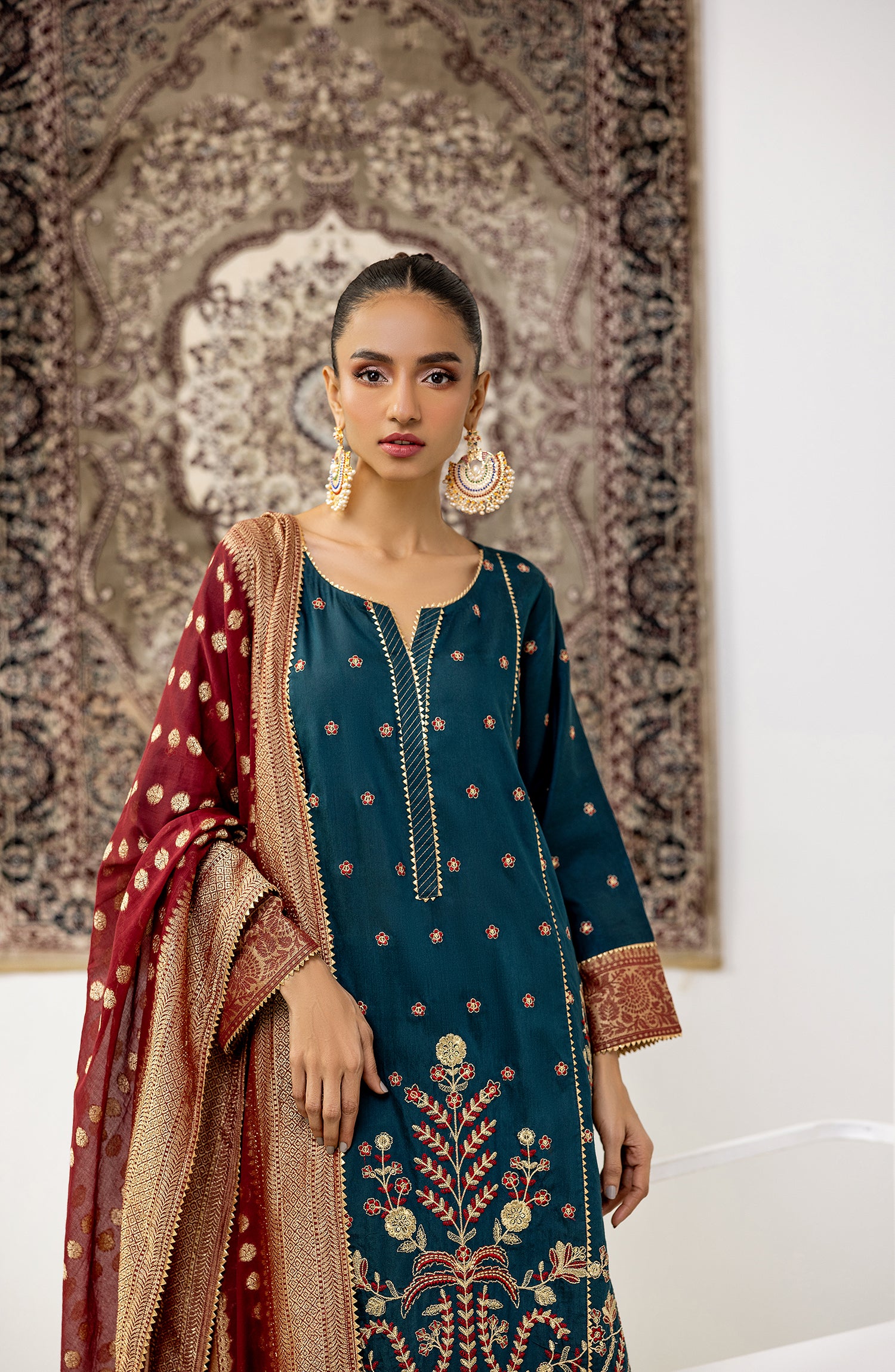 Stitched 3 Piece Embroidered Cotton Silk Shirt , Cotton Silk Pant and JACQUARD Dupatta (OTLF-23-061/S TEAL)