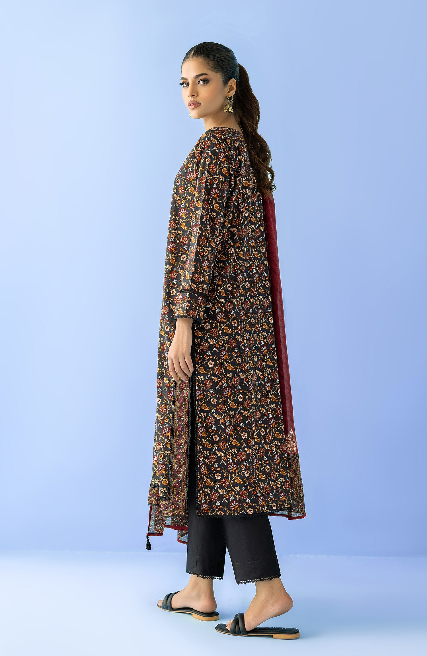 Stitched 3 Piece Printed Lawn Shirt , Cambric Pant and Lawn Dupatta (OTL-24-097/S BLACK)
