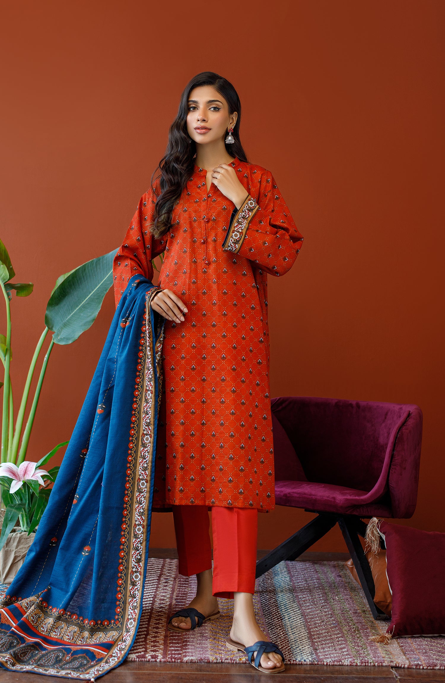 OTL-23-272/U RUST KHADDAR Women UNSTITCHED SHIRT DUPATTA PANTS