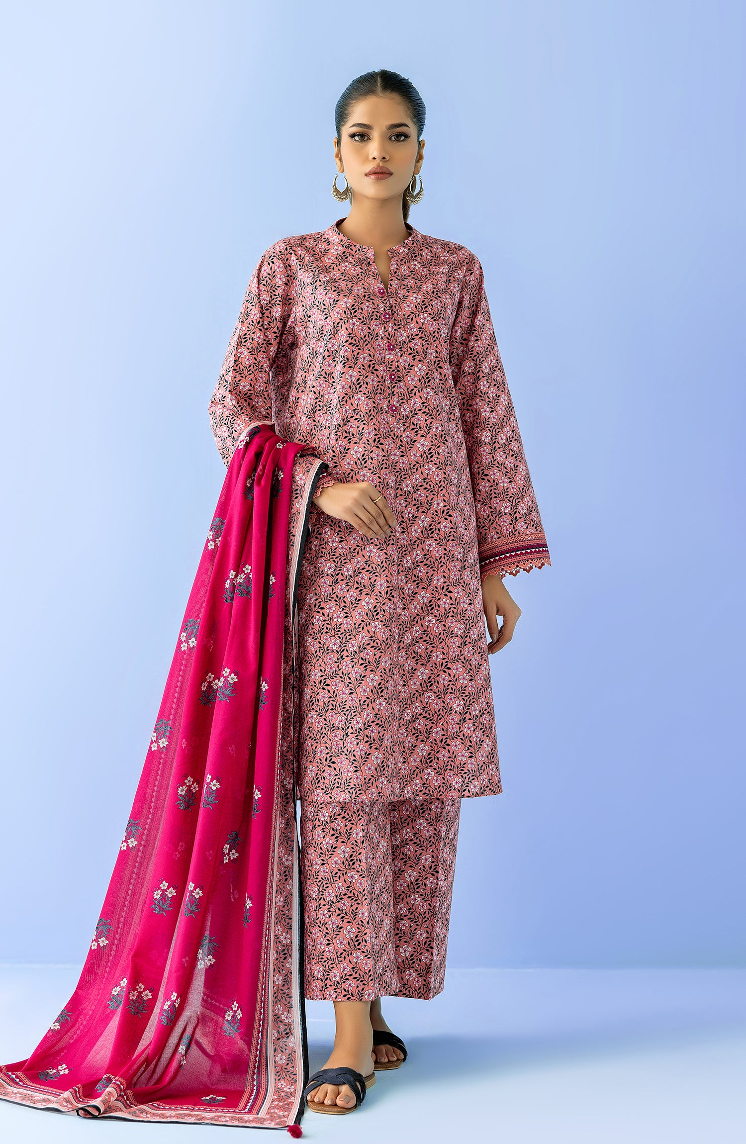 Stitched 3 Piece Printed Lawn Shirt , Cambric Pant and Lawn Dupatta (OTL-24-094/S PINK)