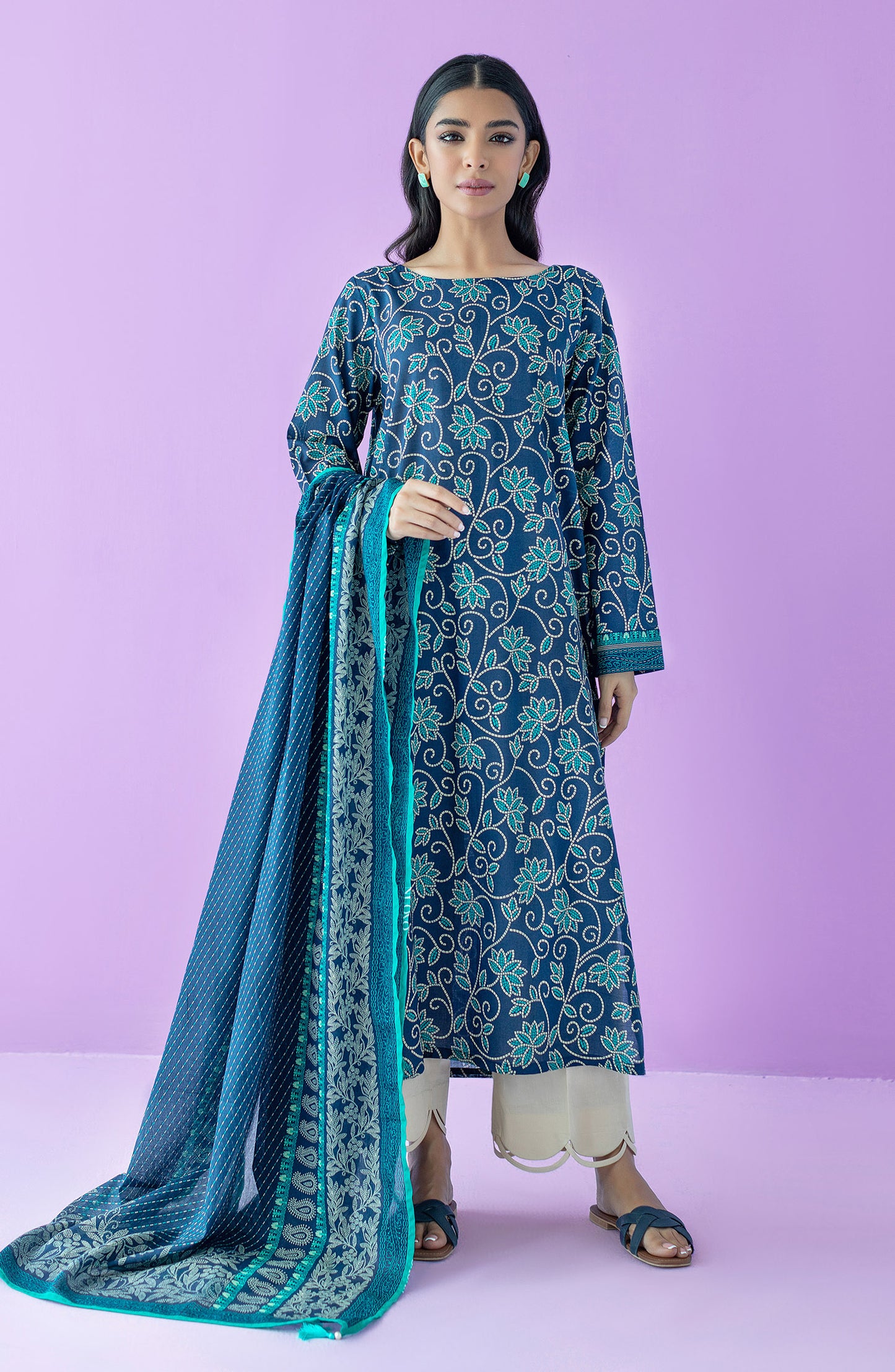 NRDS-23-104/U NAVY LAWN  UNSTITCHED SHIRT DUPATTA