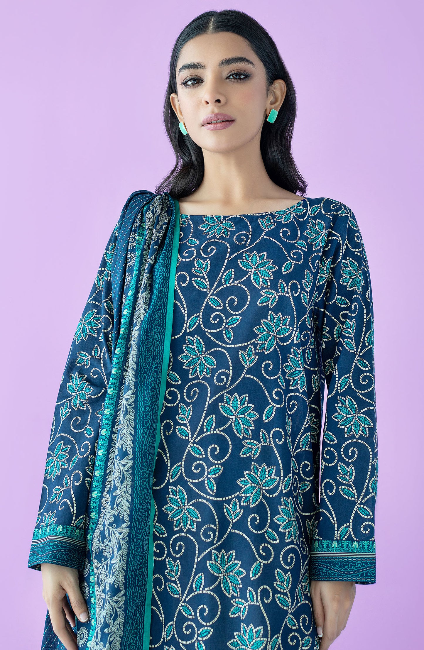 NRDS-23-104/U NAVY LAWN  UNSTITCHED SHIRT DUPATTA