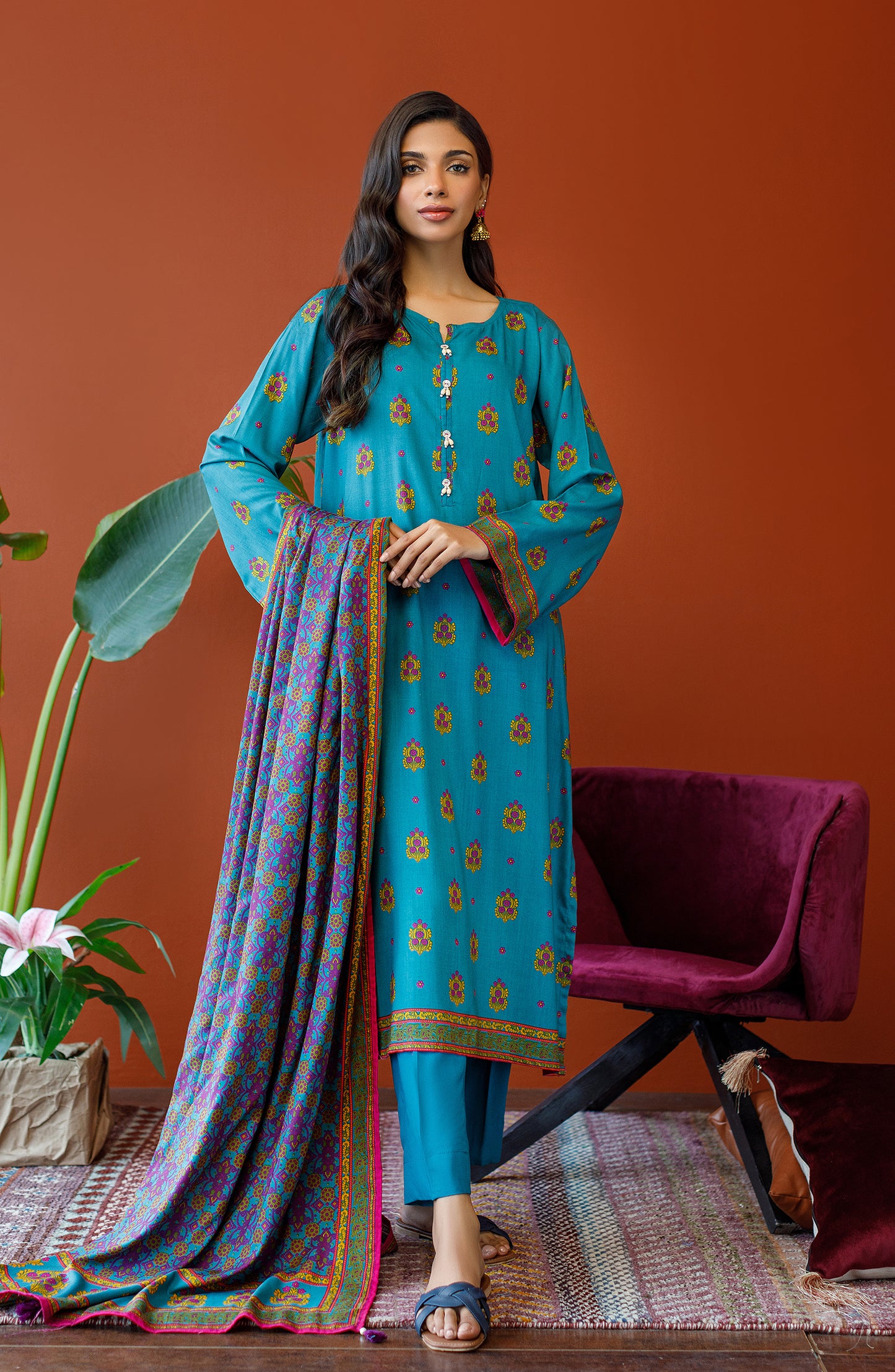 OTL-23-249/U TEAL LINEN Women UNSTITCHED SHIRT DUPATTA PANTS