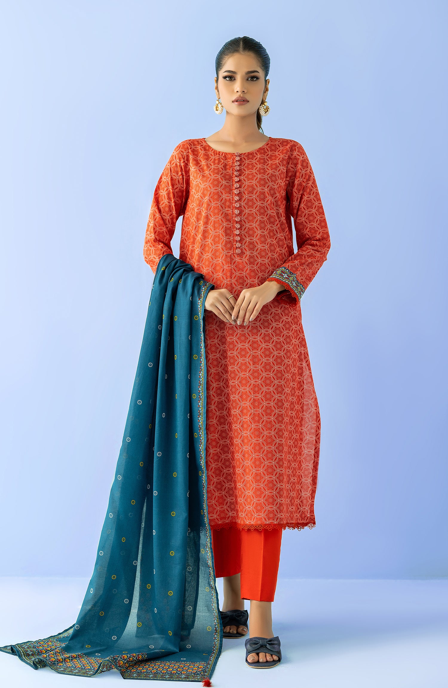 Stitched 3 Piece Printed Lawn Shirt , Cambric Pant and Lawn Dupatta (OTL-24-083/S ORANGE)