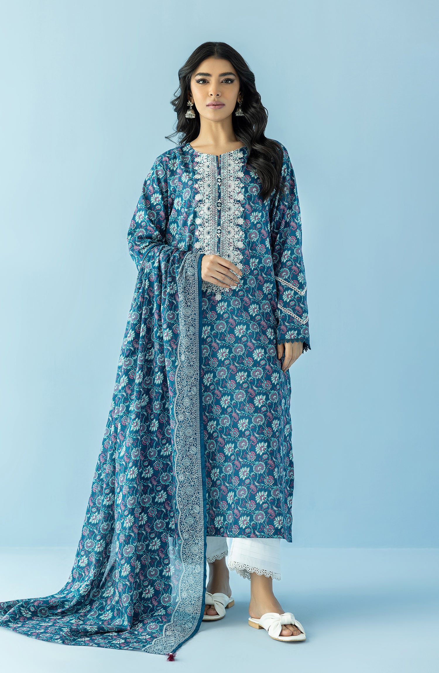 Stitched 2 Piece Printed Embroidered Lawn Shirt and Lawn Dupatta (NRDS-24-029/S TEAL)
