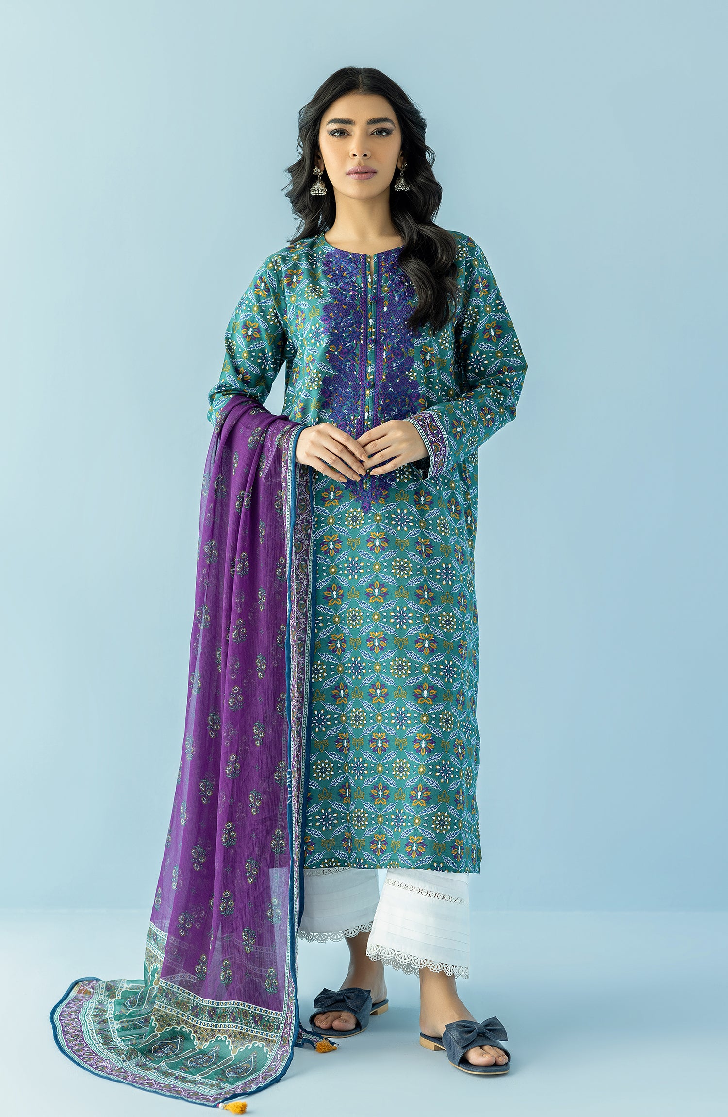 Stitched 2 Piece Printed Embroidered Lawn Shirt and Chiffon Dupatta (NRDS-24-011/S GREEN)