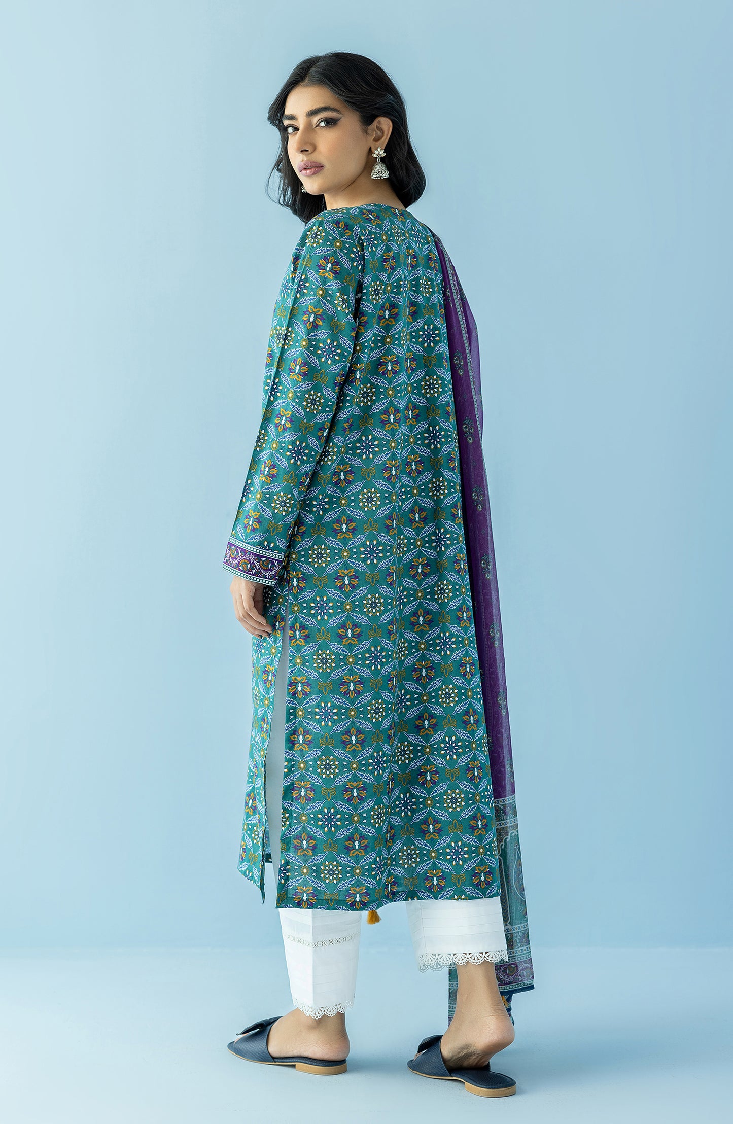Stitched 2 Piece Printed Embroidered Lawn Shirt and Chiffon Dupatta (NRDS-24-011/S GREEN)