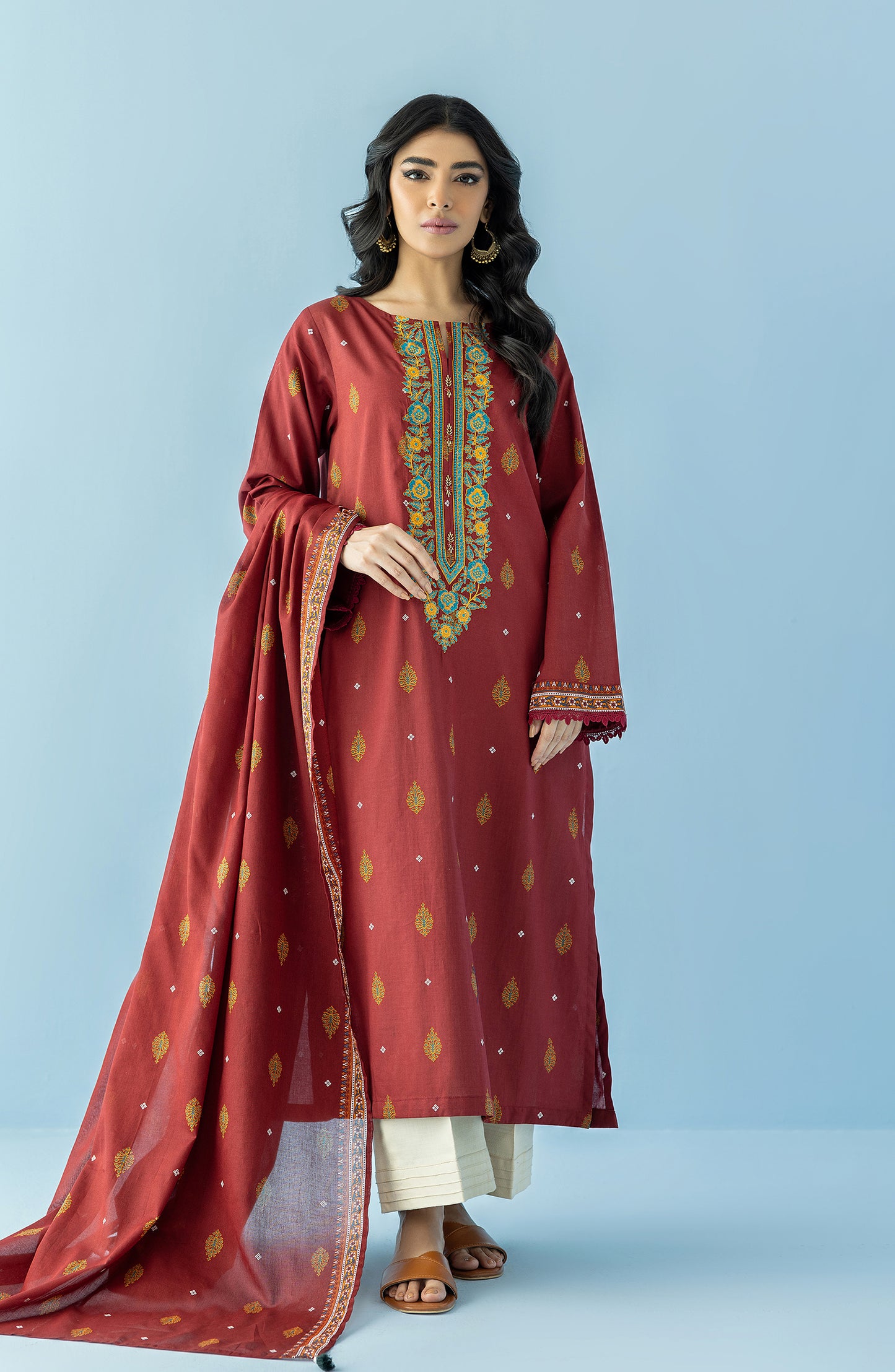 Stitched 2 Piece Printed Embroidered Lawn Shirt and Lawn Dupatta (NRDS-24-028/S MAROON)