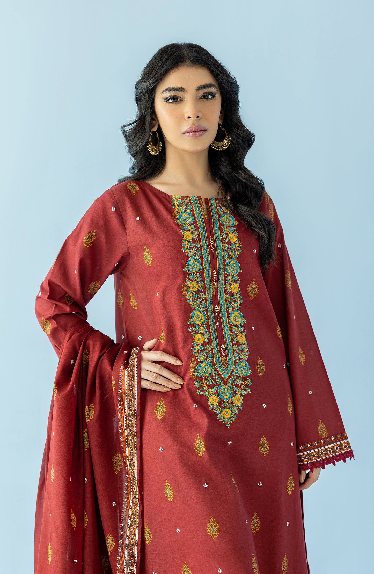 Stitched 2 Piece Printed Embroidered Lawn Shirt and Lawn Dupatta (NRDS-24-028/S MAROON)