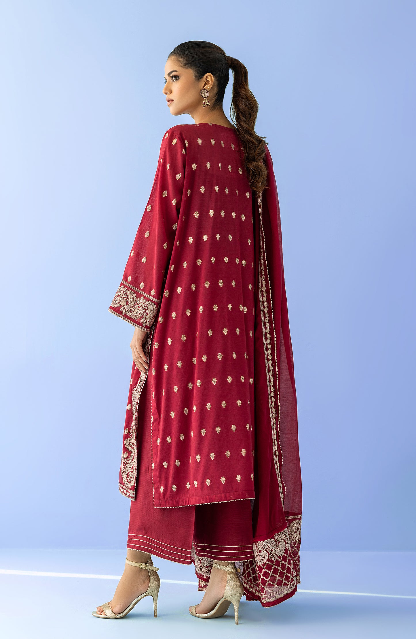 Stitched 3 Piece Embroidered Jacquard Shirt , Raw Silk Pant and Raw Silk Dupatta (OTLF-23-071/S RED)