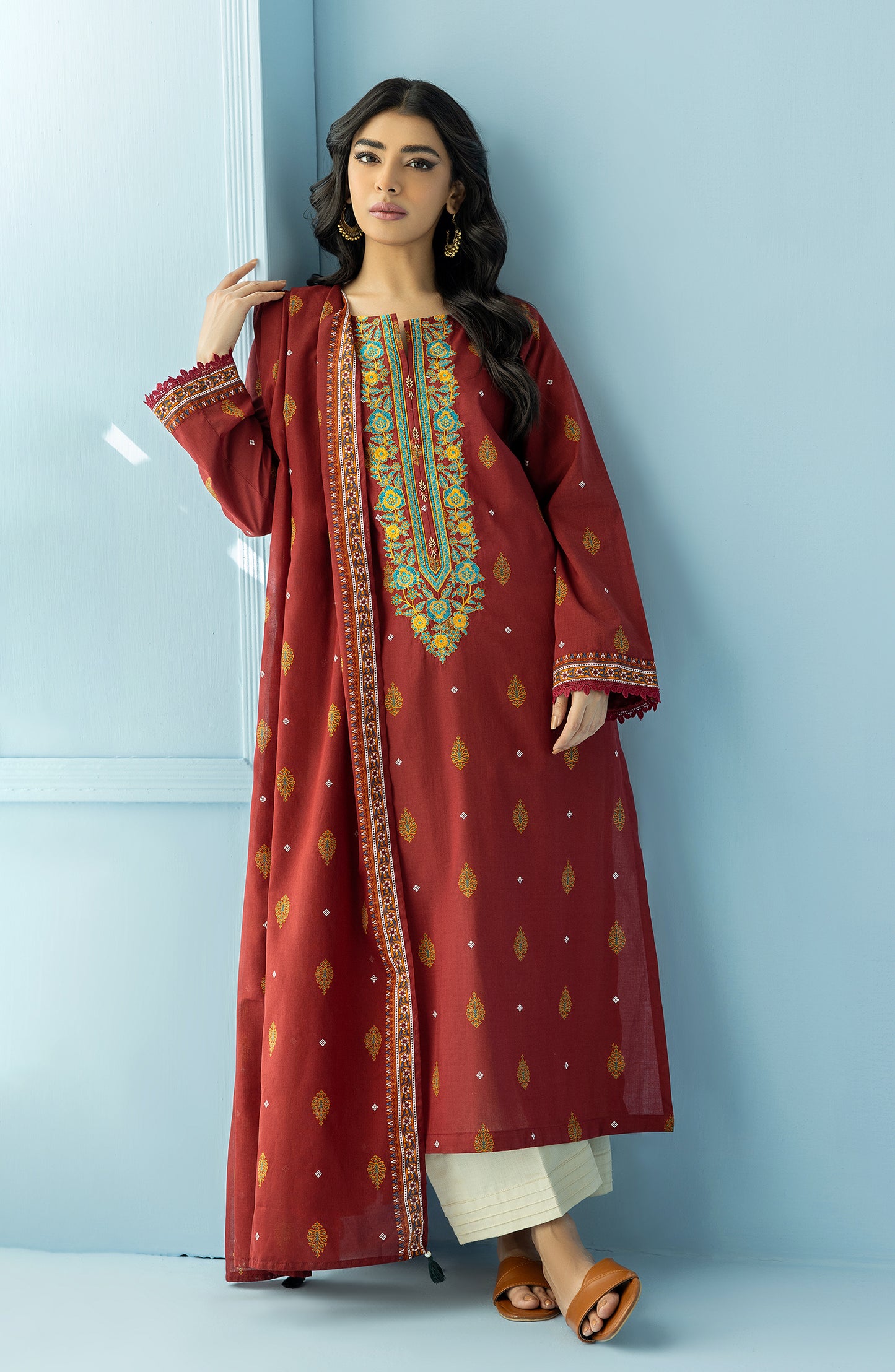 Stitched 2 Piece Printed Embroidered Lawn Shirt and Lawn Dupatta (NRDS-24-028/S MAROON)